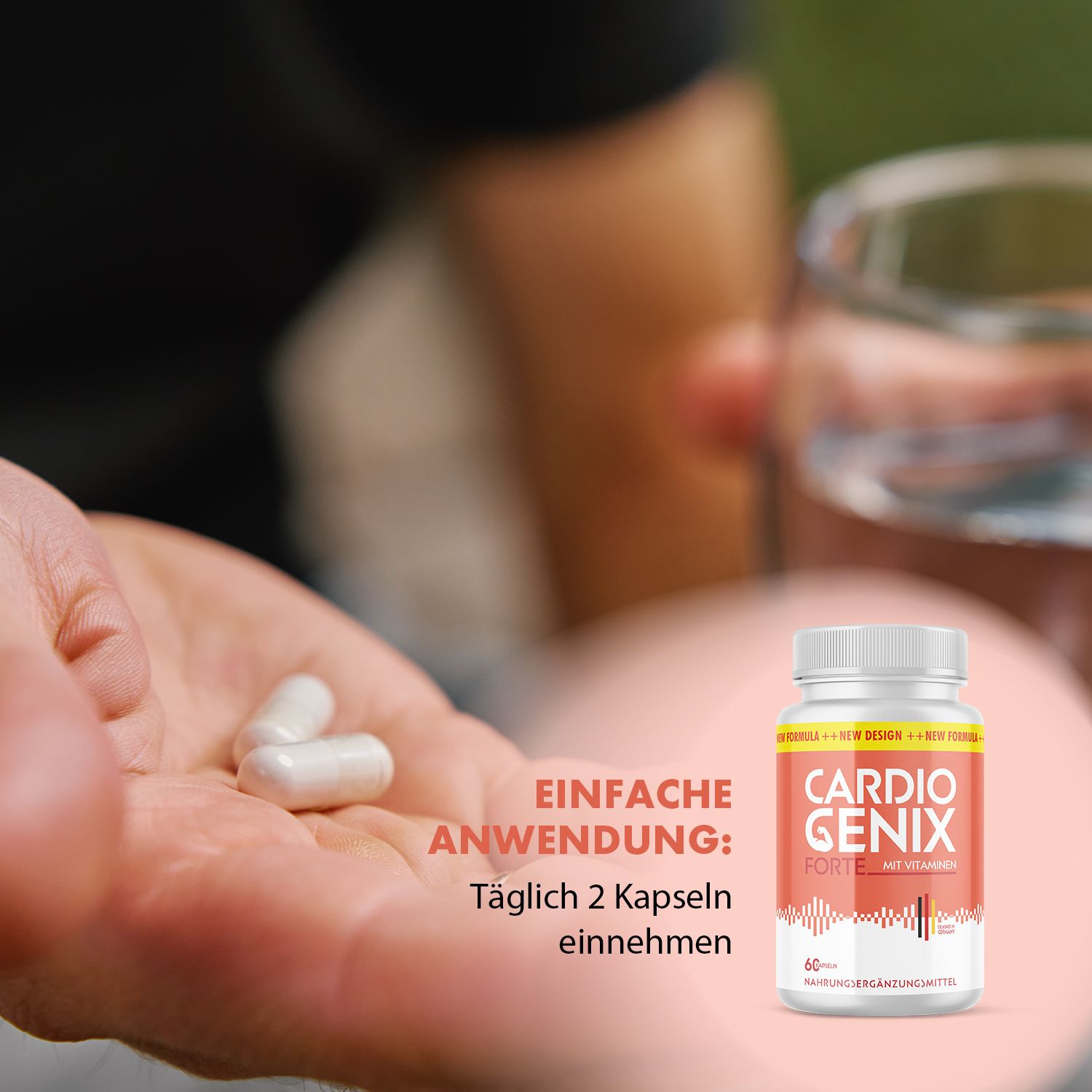 Hand hält zwei weiße Kapseln. Rechts: Flasche mit rotem Etikett. Aufschrift: Cardio Genix Forte, 60 Kapseln.