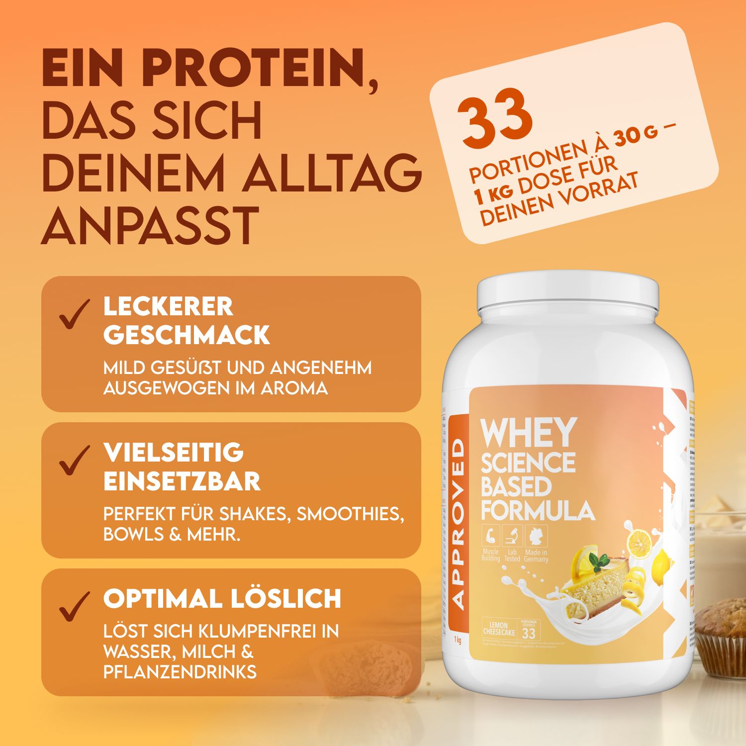Weiße Dose "APPROVED WHEY". 33 Portionen à 30g. Leckerer Geschmack, vielseitig einsetzbar und optimal löslich.