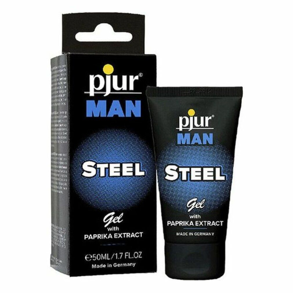 Schwarze Tube und Schachtel. Aufschrift: Pjur MAN STEEL Gel mit Paprikaextrakt. 50ml/1.7 fl.oz.