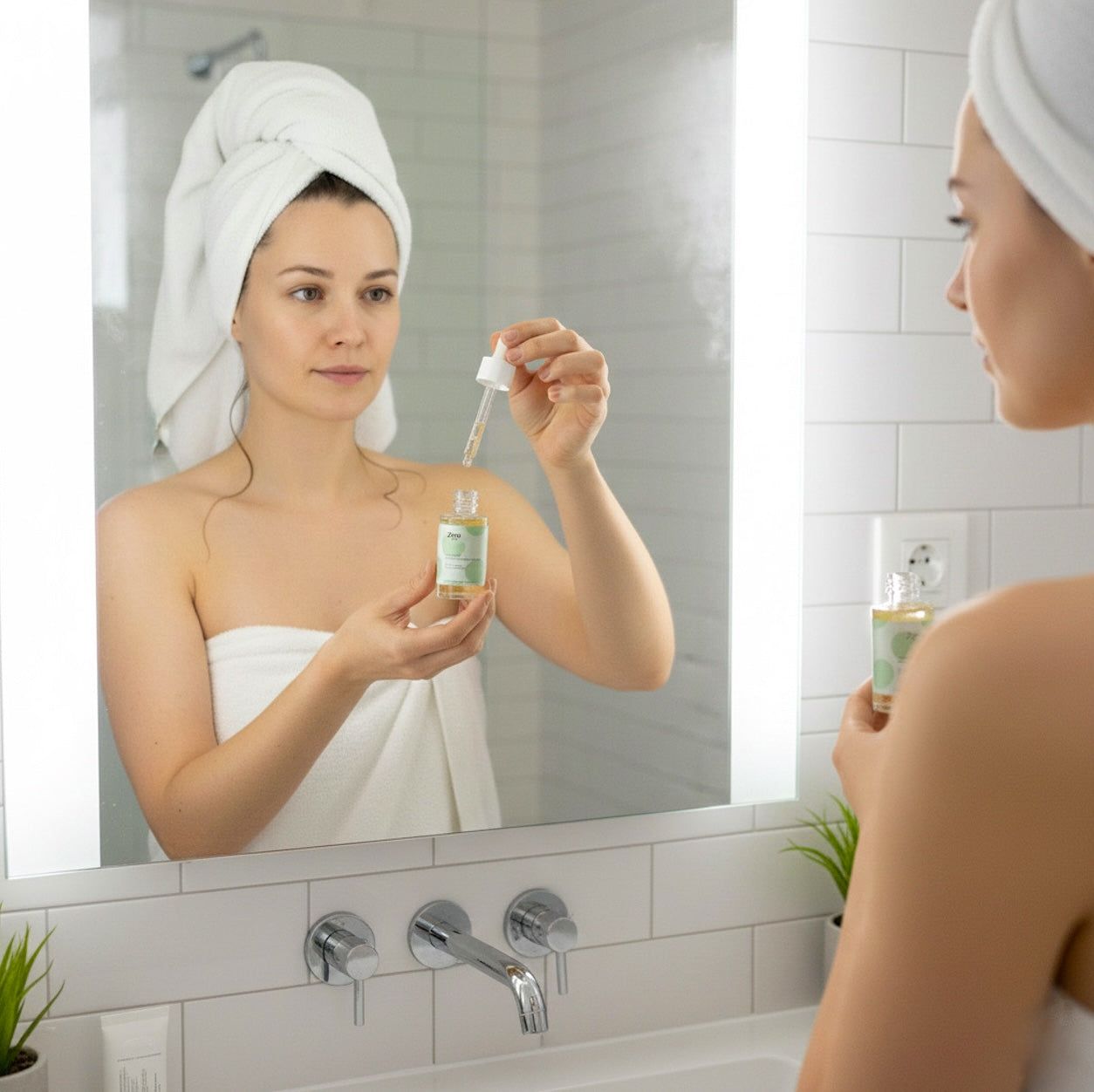 Frau mit Handtuch hält Pipette mit Zero Skin Serum über der Hand.