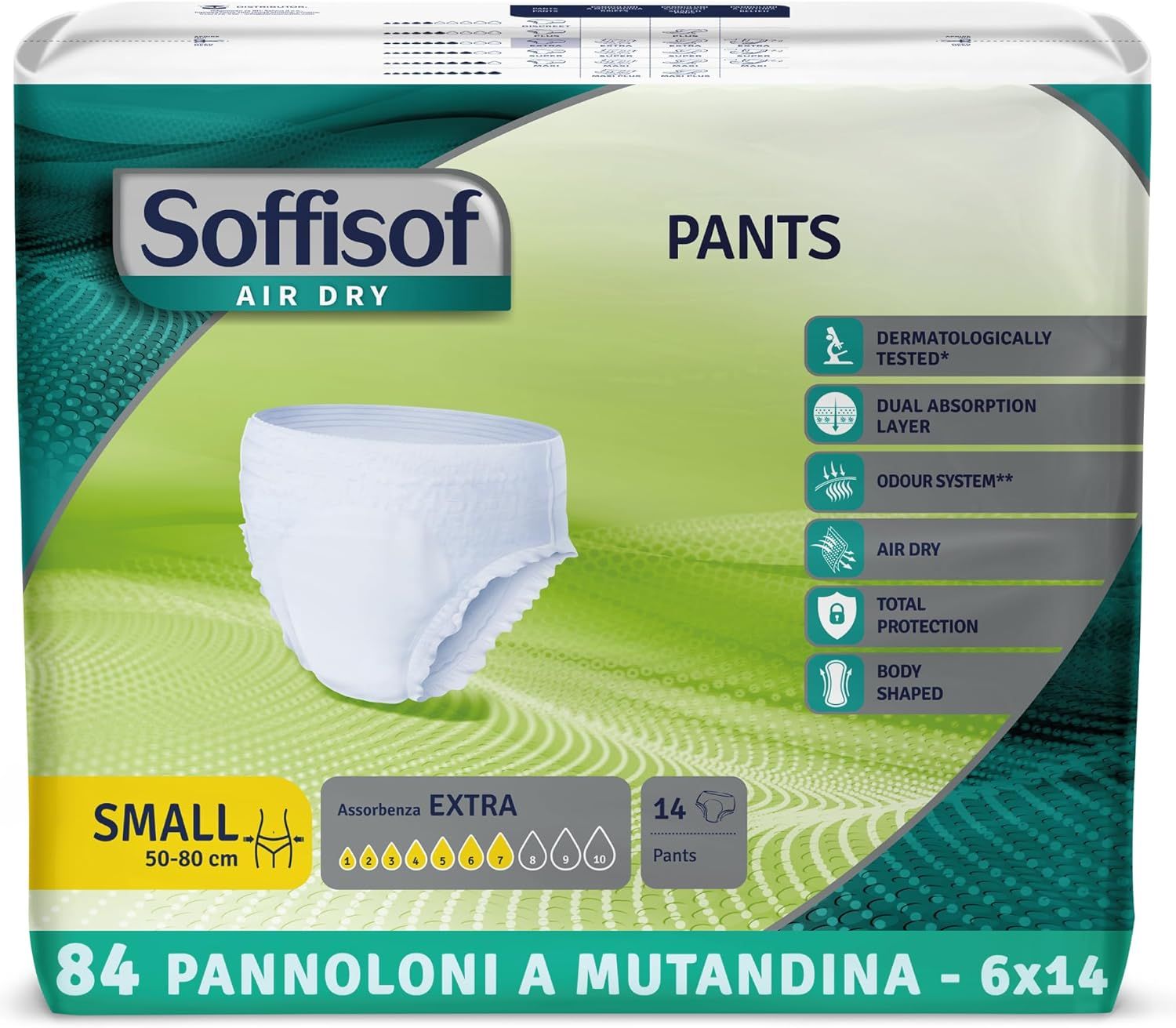 Verpackung Soffisof Pants Extra, Größe Small, 14 Stück. Merkmale: dermatologisch getestet, doppelter Absorptionskern, Geruchssystem.