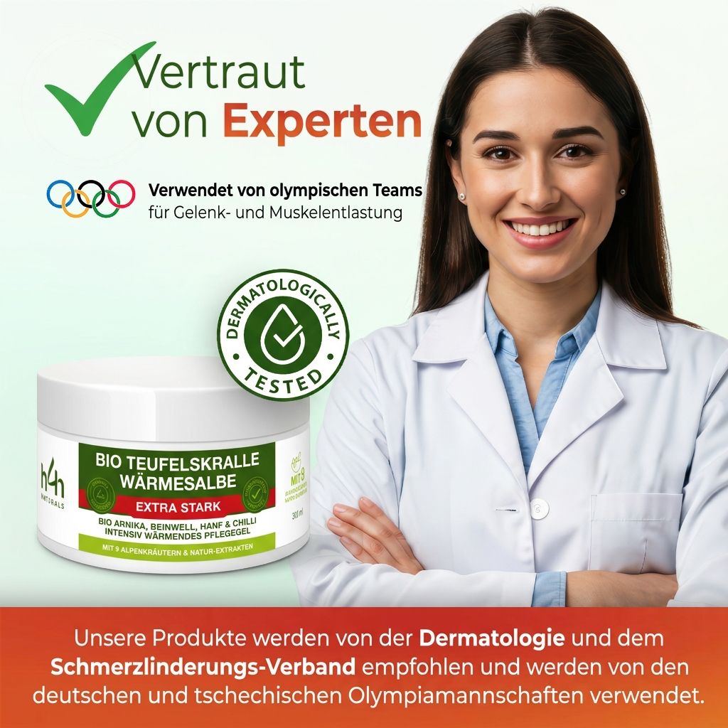 Weißes Tiegel mit grünem Etikett. Text: BIO TEUFELSKRALLE WÄRMESALBE EXTRA STARK. Aufschrift: H4H Naturals. Dermatologisch getestet. Frau im weißen Kittel.