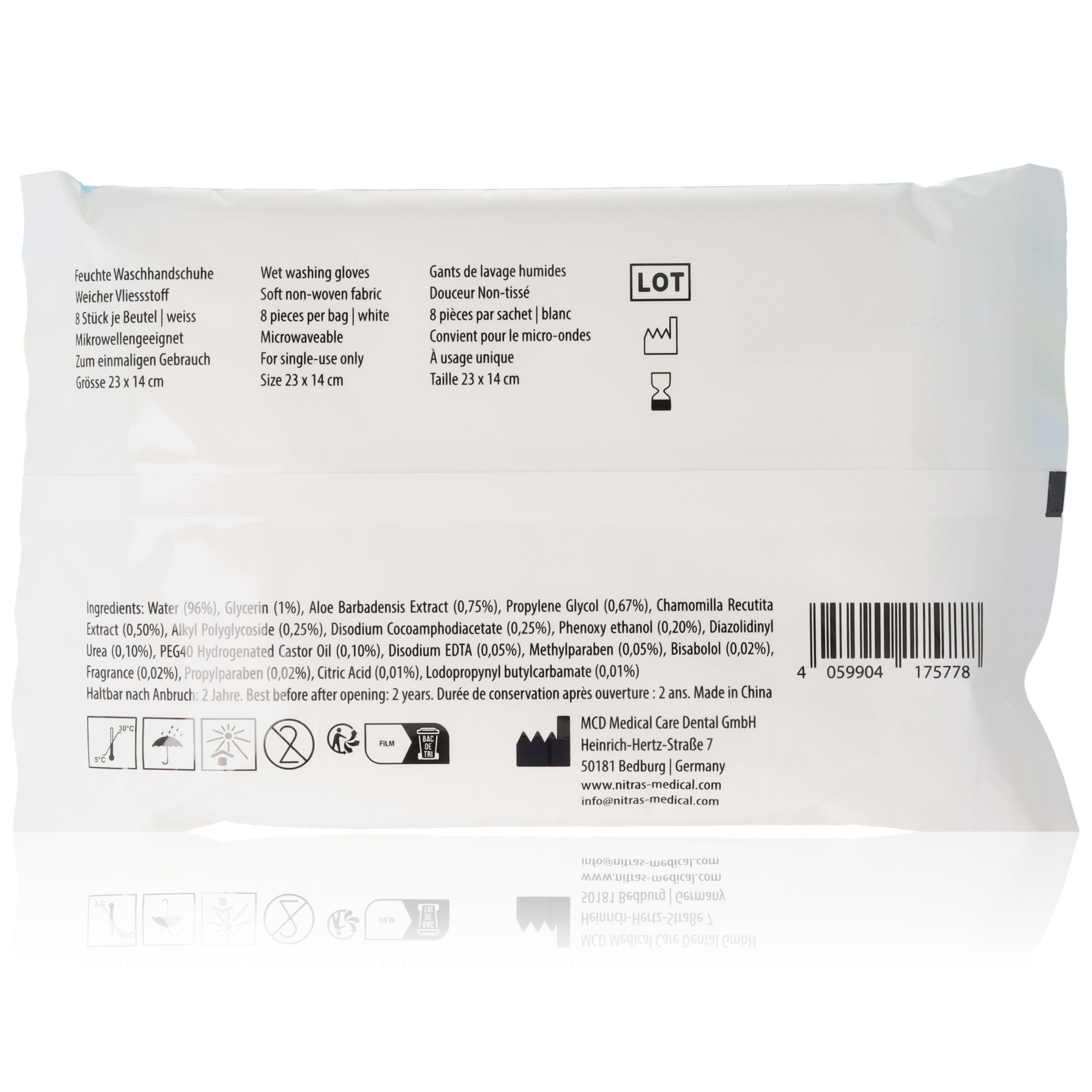 Rückseite der CLEAN CARE Verpackung. Enthält Informationen zu Inhaltsstoffen, Anwendung und Hersteller.