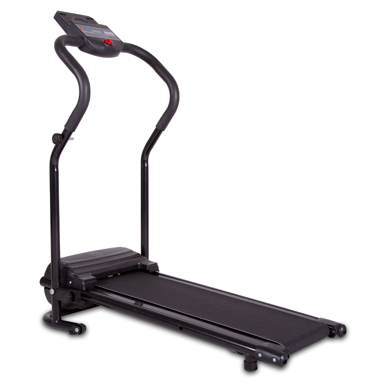 Schwarzes Laufband mit Motor. Konsole mit rotem Knopf und Display. Griffe und Laufband. Auf hellem Hintergrund.