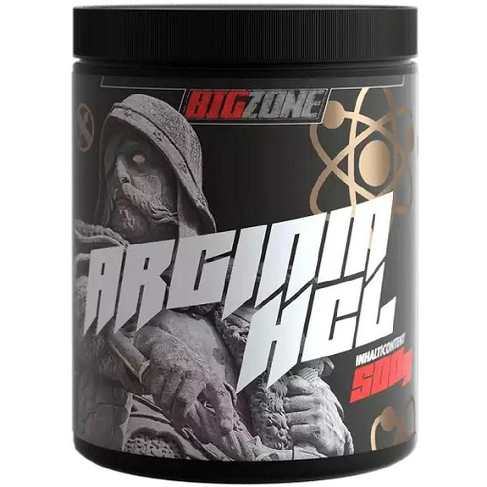 Schwarze Dose mit "Big Zone" und "Arginin HCl" Schriftzug. 500g Inhalt. Abbildung einer Statue.