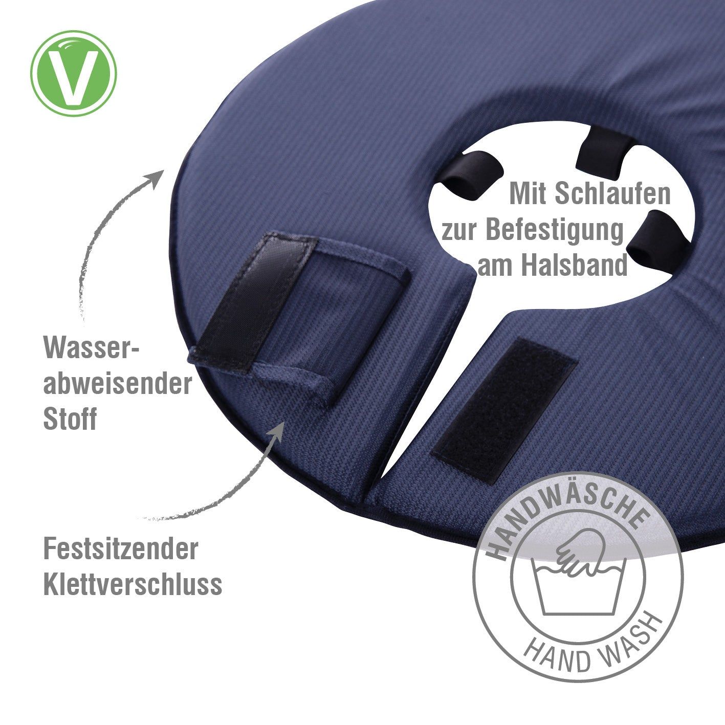 Nahaufnahme des blauen Leckschutzkragens. Klettverschluss, Schlaufen, wasserabweisendes Material. Handwasch-Symbol.