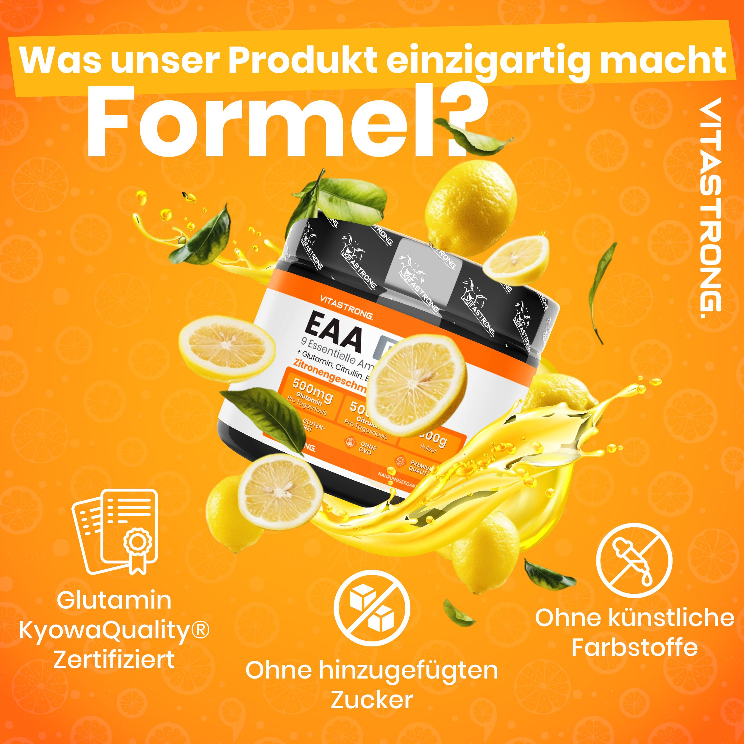 Vitastrong EAA Pro Dose, Zitronen. Text: EAA PRO, 9 essentielle Aminosäuren, Zitrone. Ohne Zucker, ohne Farbstoffe. Gelber Hintergrund.