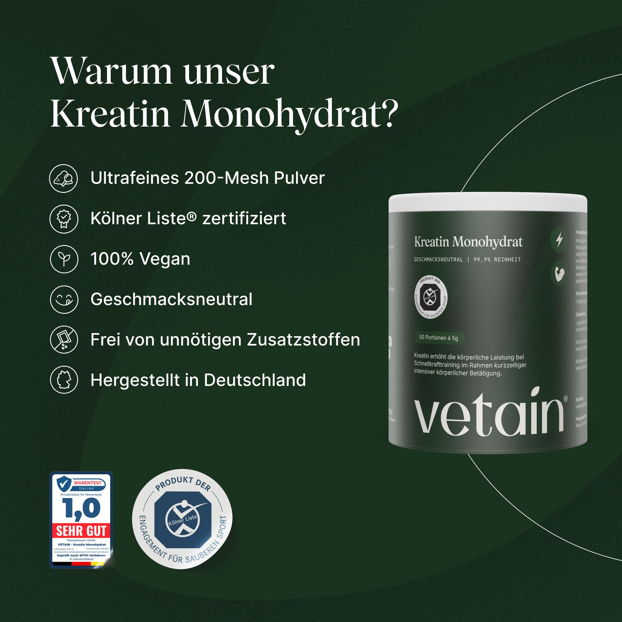 VETAIN Kreatin Monohydrat Dose mit Siegeln: 'Kölner Liste', '100% Vegan', 'Hergestellt in Deutschland'.
