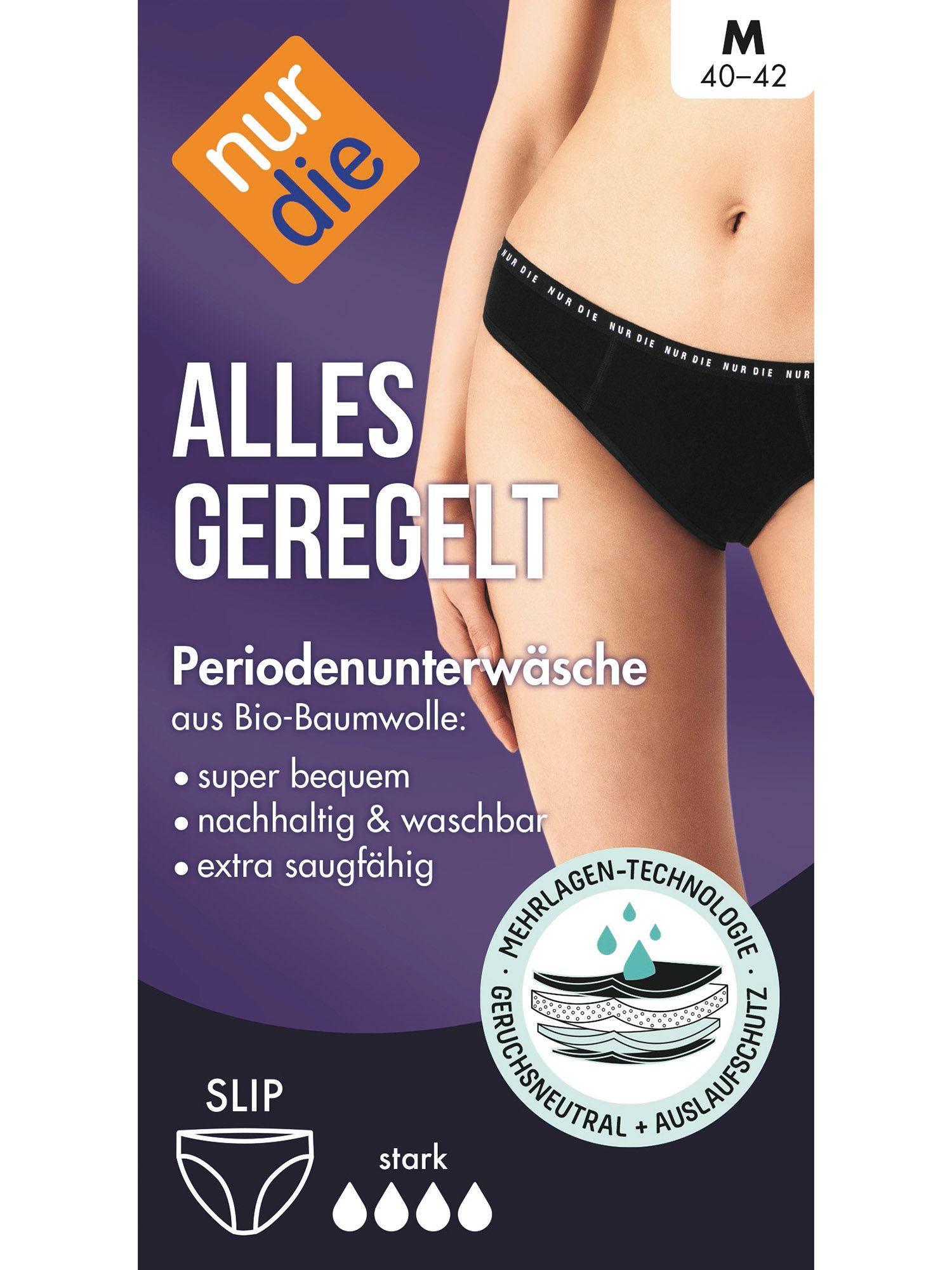Schwarzer Slip mit Logo-Bund. Text: Alles Geregelt, Periodenunterwäsche aus Bio-Baumwolle. Größe M 40-42. Verpackung mit Produktabbildung.