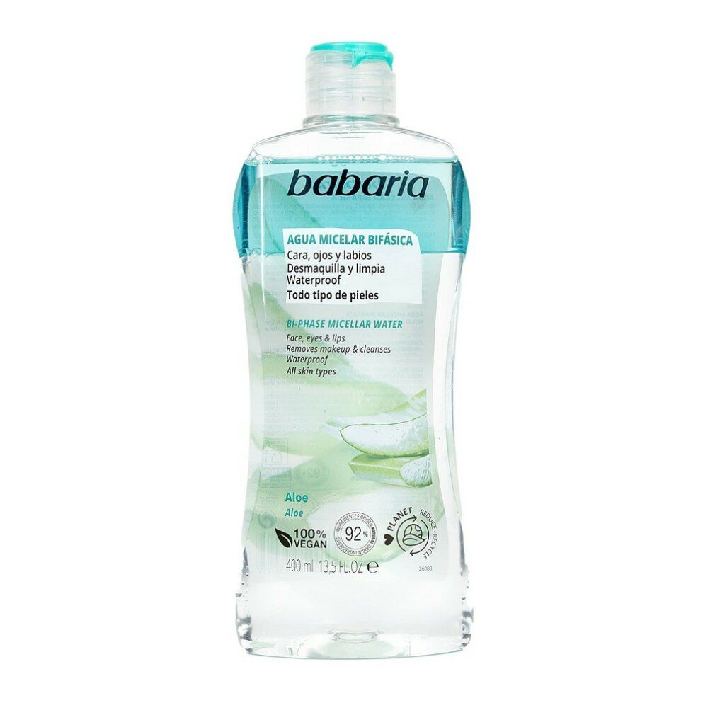 Babaria Micellar Bifasica Flasche. Klar, mit blauem Deckel und Etikett. Enthält Aloe Vera. Vegan.