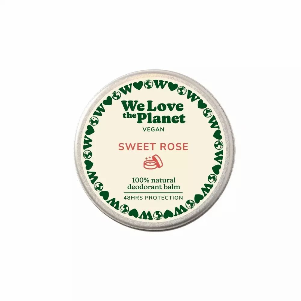 Runder Behälter mit Aufschrift "We Love the Planet". Text: "Sweet Rose", "100% natural deodorant balm", "48HRS PROTECTION".