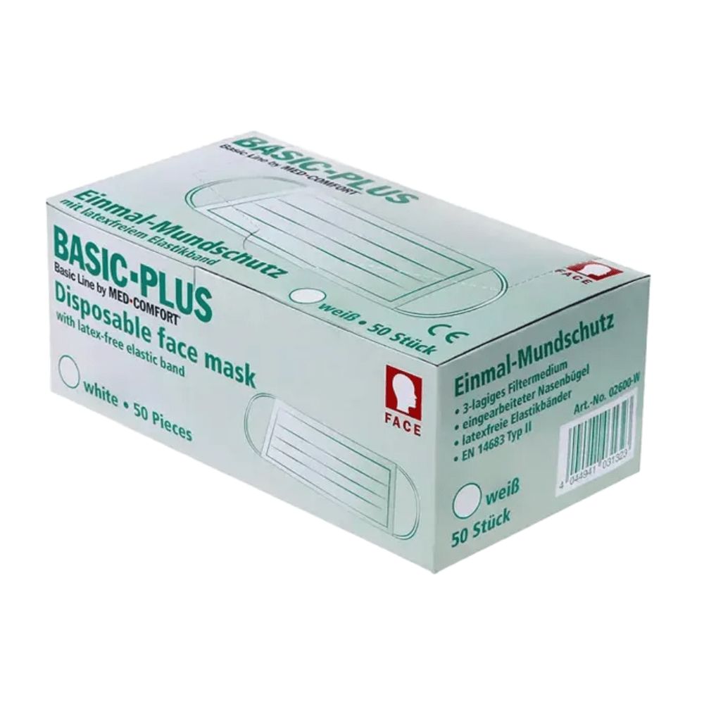 Packung mit 50 weißen BASIC PLUS Einmal-Mundschutz Masken, Typ II, latexfrei.