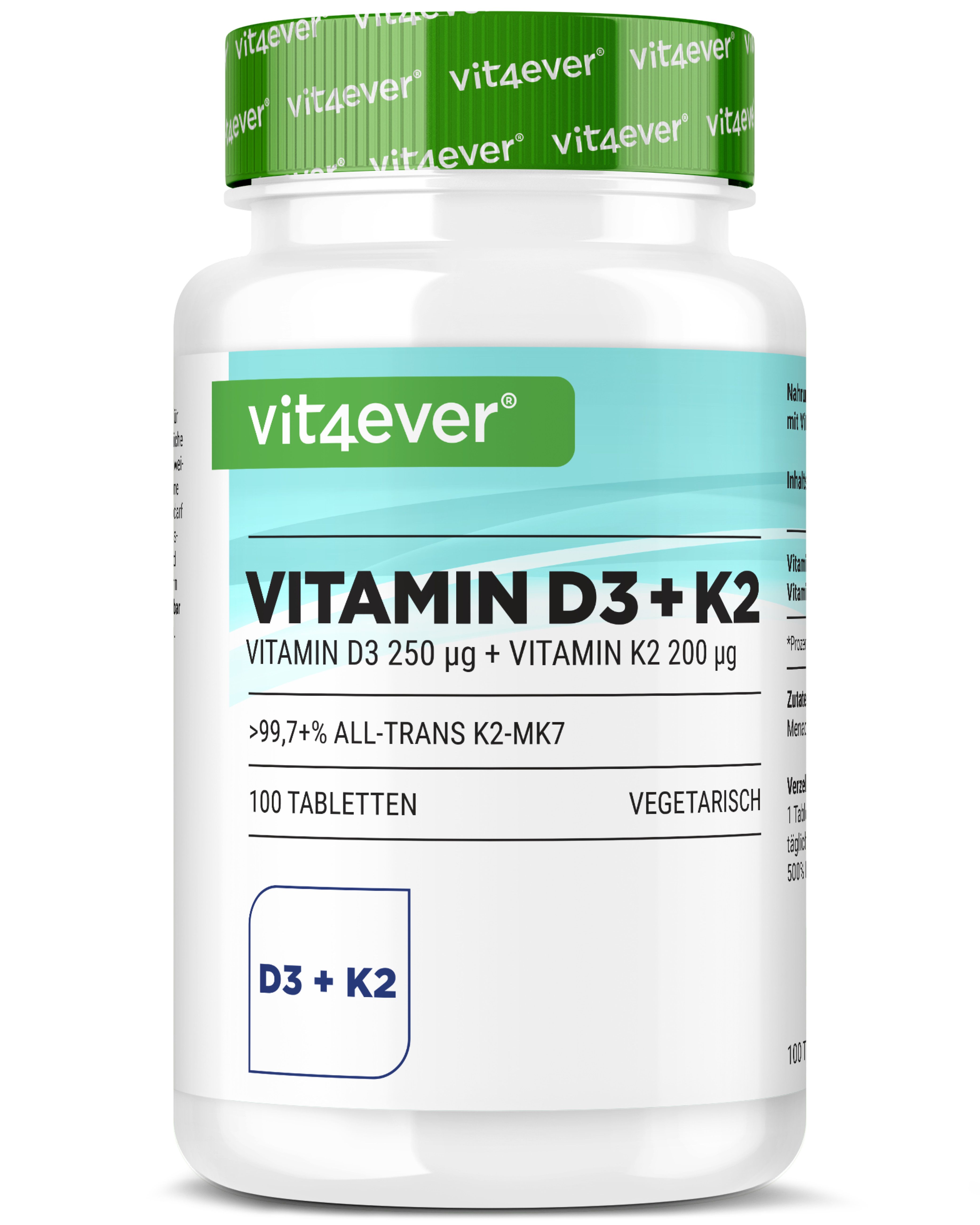 Weiße Tablettenflasche mit grünem Deckel. Aufschrift: Vitamin D3 + K2. Enthält 100 Tabletten. Marke: vit4ever.