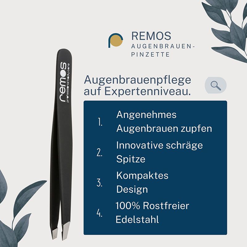 Schwarze REMOS Augenbrauenpinzette mit schräger Spitze. Aus 100% rostfreiem Edelstahl.