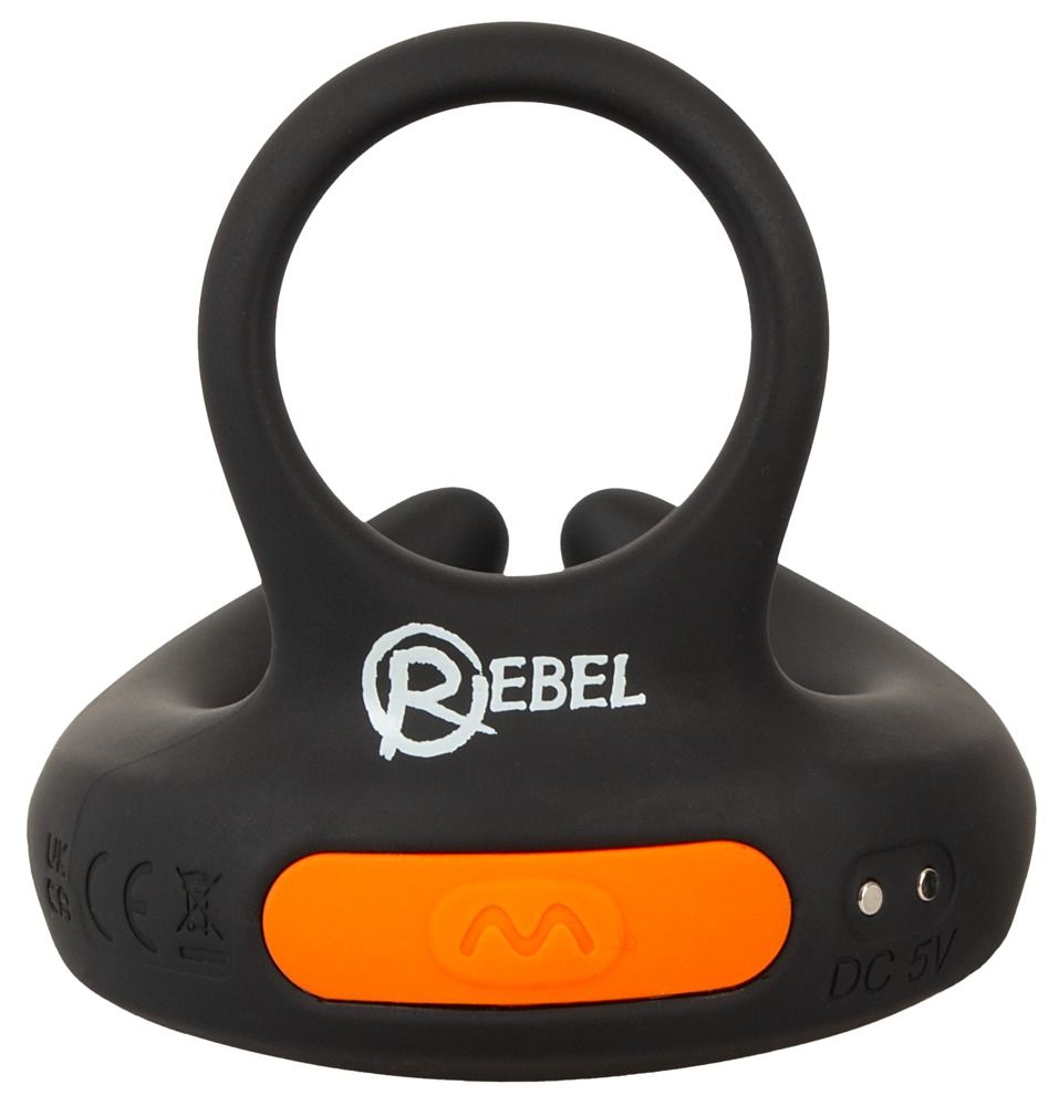 Schwarzer Hodenvibrator mit orangefarbenem Knopf und Rebel-Logo, Vorderansicht.