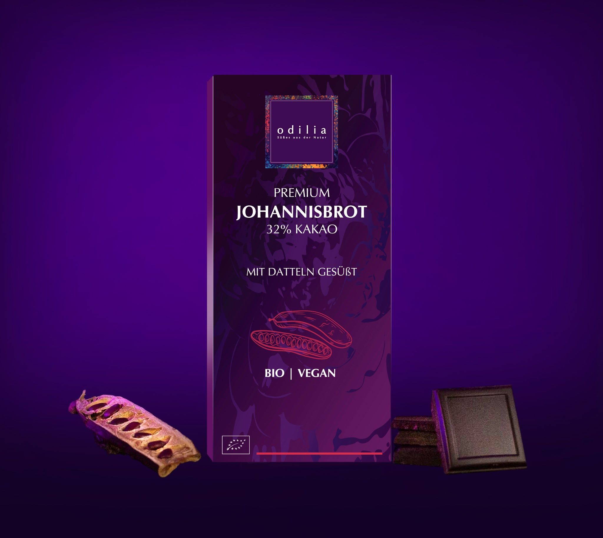 Odilia Premium Johannisbrot Schokolade, 32% Kakao, mit Datteln gesüßt, Bio, Vegan.