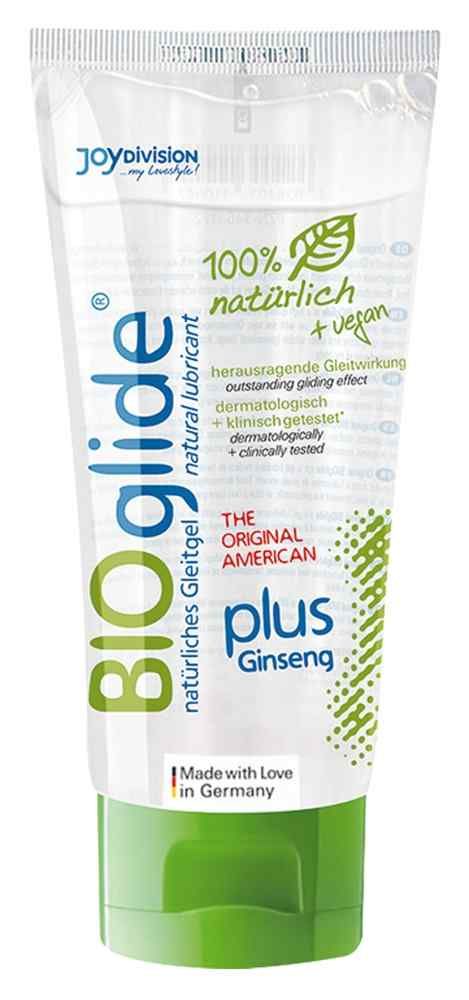 Transparente Tube mit grünem Verschluss. Aufschrift: BIOglide, Ginseng, 100% natürlich + vegan. Natürliches Gleitgel.