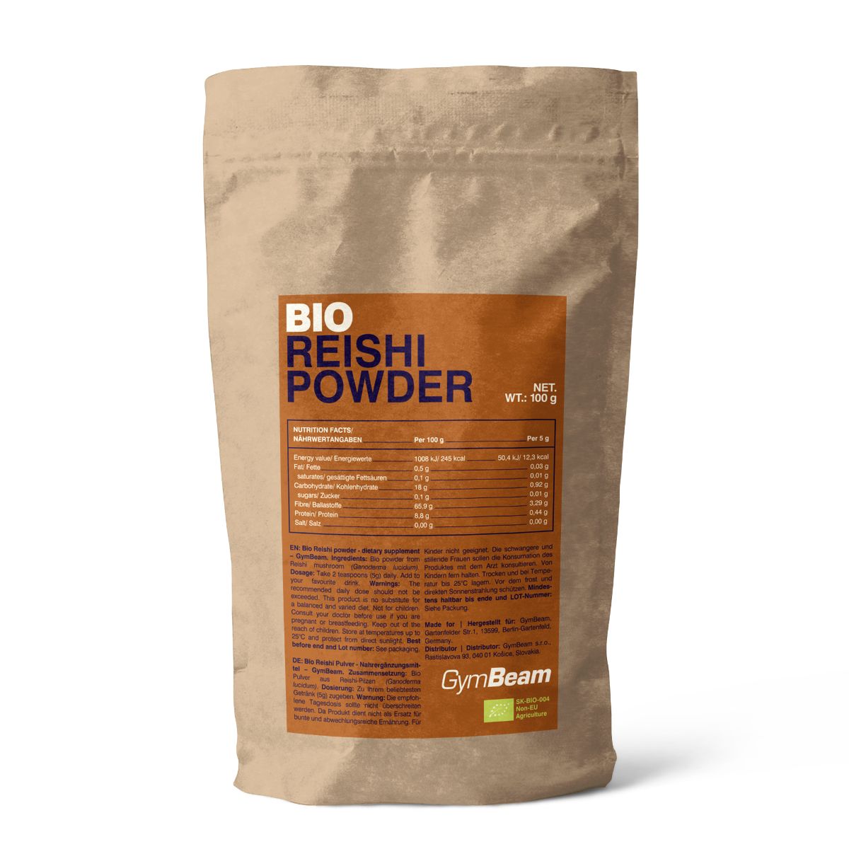GymBeam BIO Reishi Pulver in brauner Papiertüte mit Nährwertangaben und Bio-Siegel.