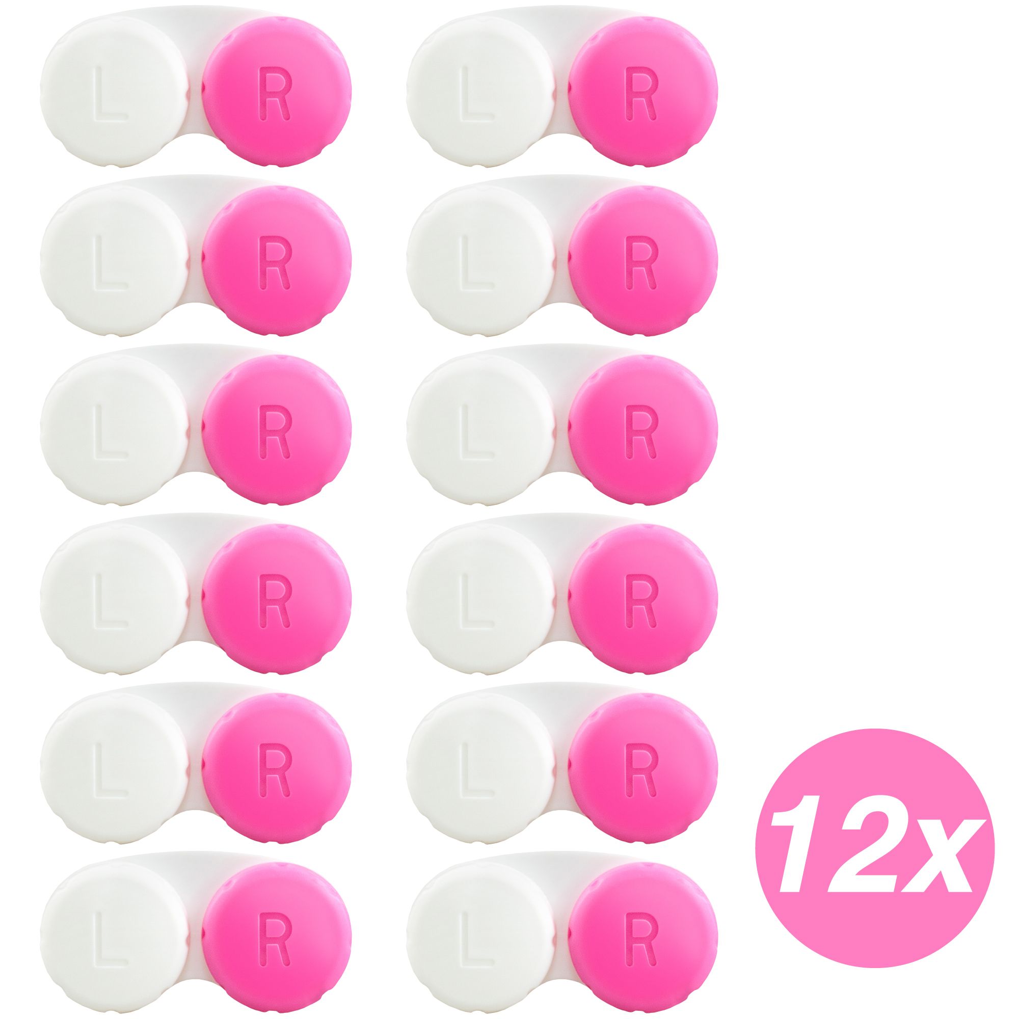 12 Kontaktlinsenbehälter. Weiße Gehäuse, rosa Deckel mit 'R'. Rosa Kreis mit '12x'.