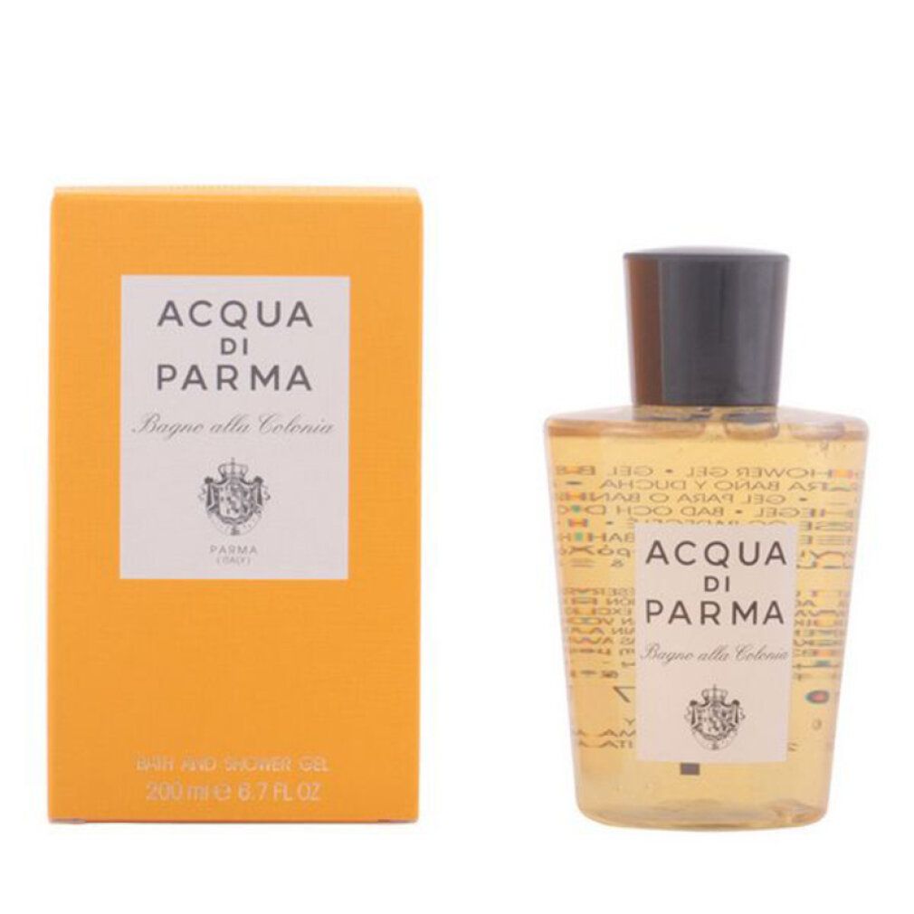 Gelbe Schachtel und Flasche. Aufschrift: Acqua di Parma Bagno alla Colonia. Schwarzer Verschluss.