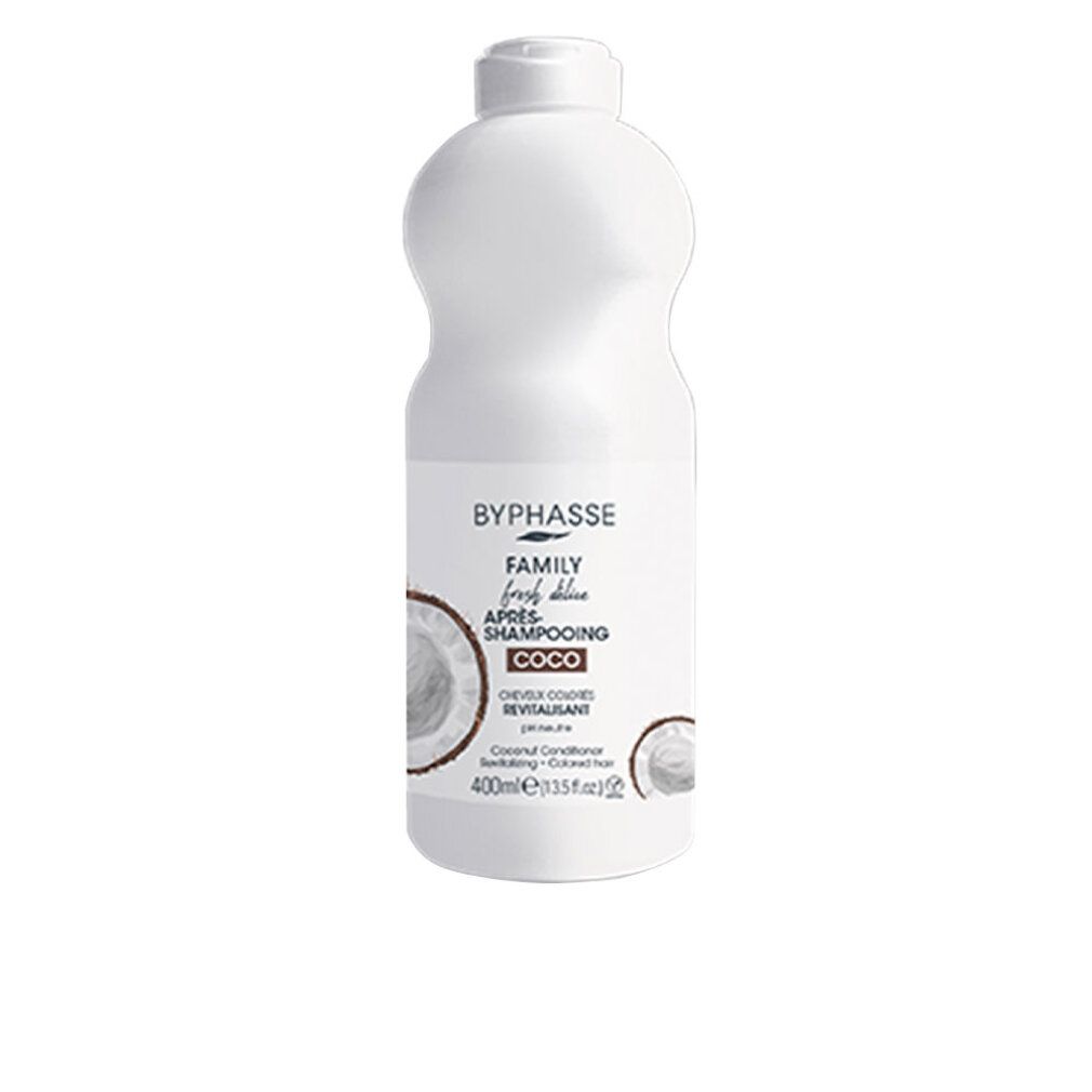 Weiße Flasche mit Etikett. Aufschrift: Byphasse Family Fresh Delice, Coco. Für coloriertes Haar. Kokos-Conditioner.