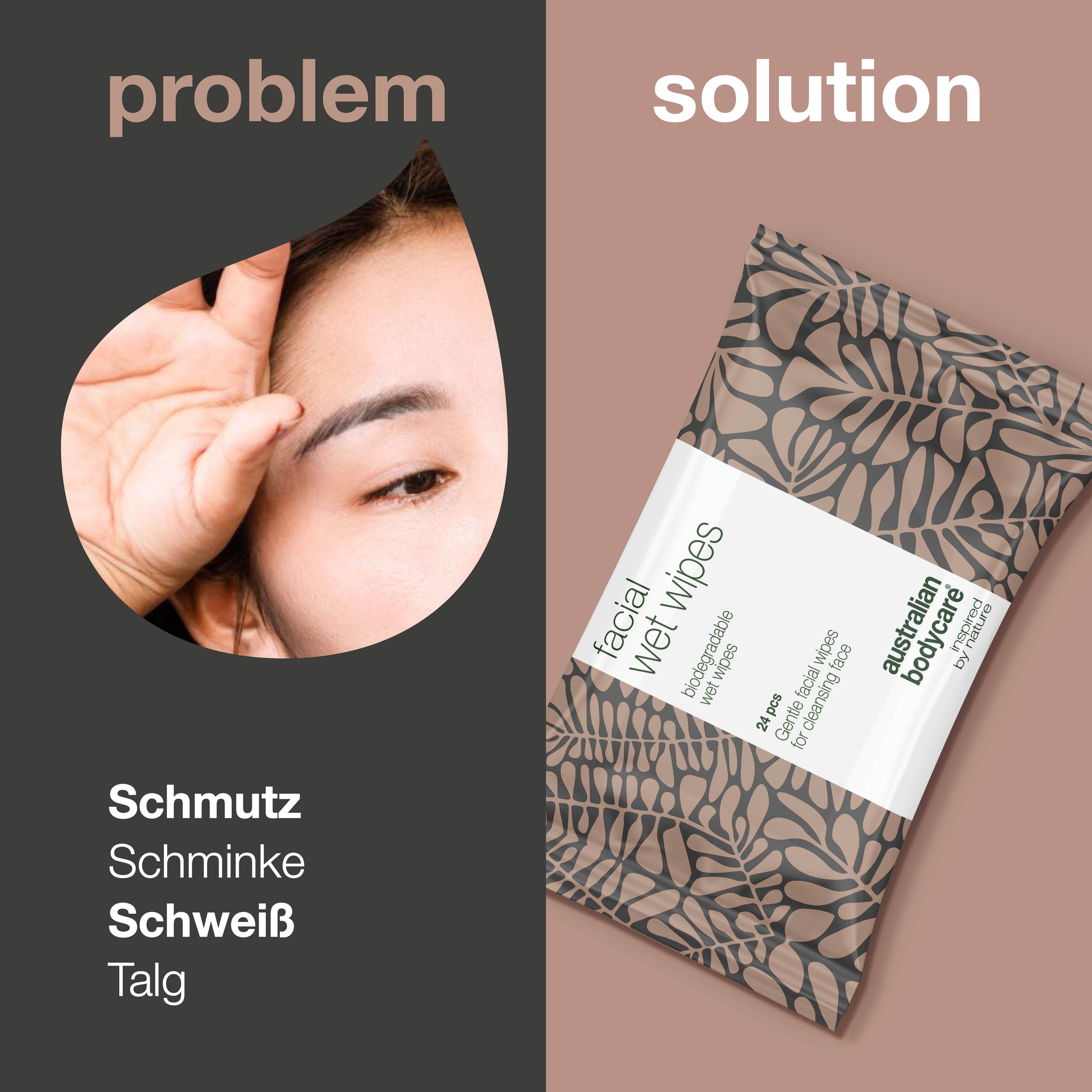 Gesicht mit Problemseite. Rechts: Packung Abschminktücher. Text: facial wet wipes, Australian Bodycare.