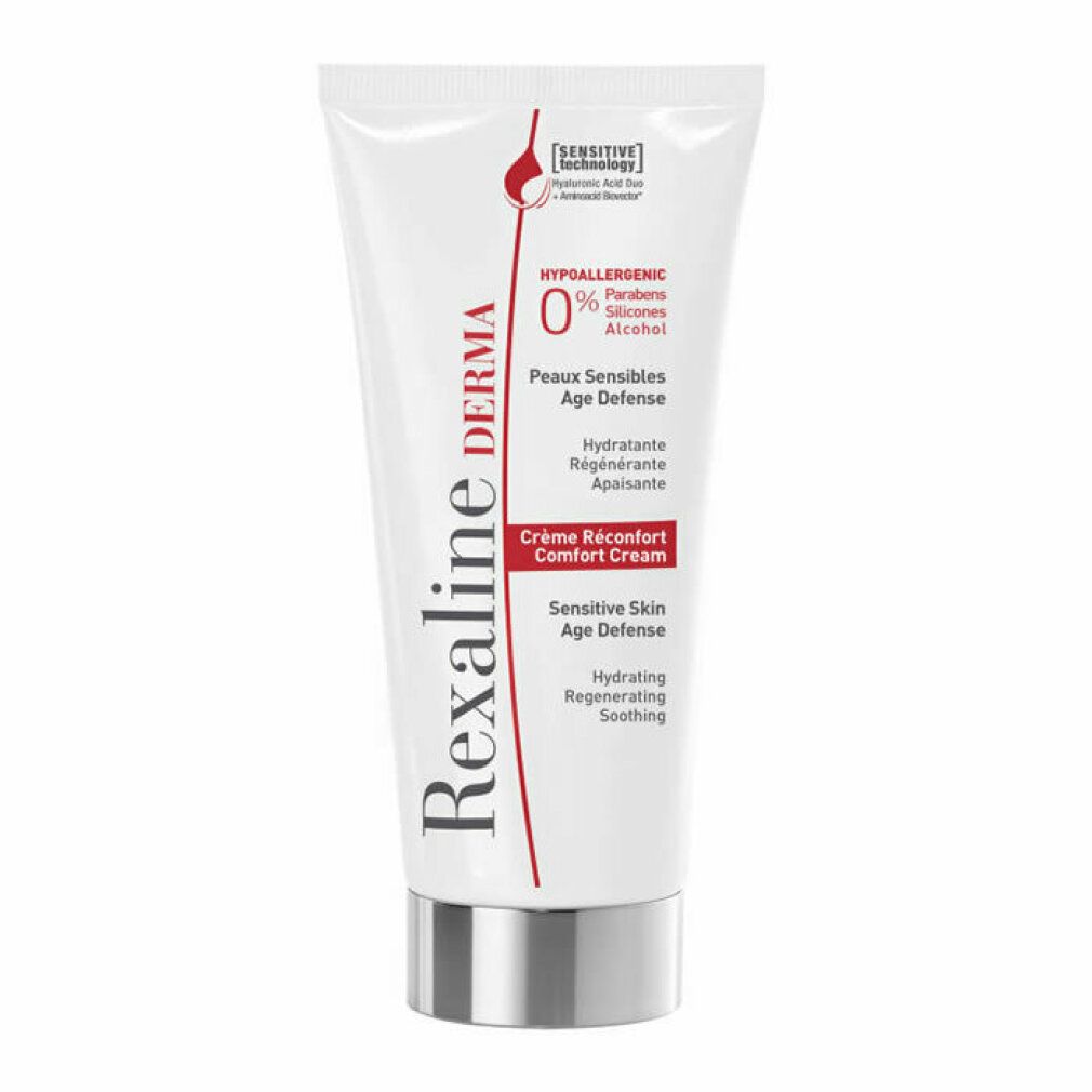 Weiße Tube mit silbernem Deckel. Aufschrift: Rexaline Derma, Crème Réconfort, Sensitive Skin Age Defense, 0% Parfums, Silikone, Alkohol.