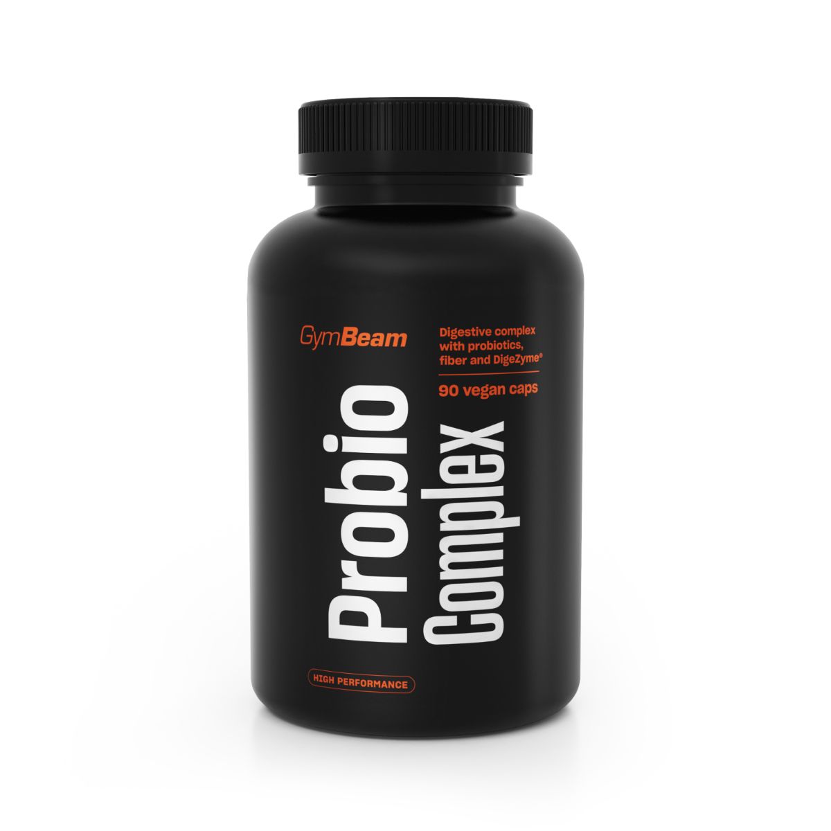 Schwarze Dose mit GymBeam Probio Complex 90 veganen Kapseln. Enthält DigeZyme®.