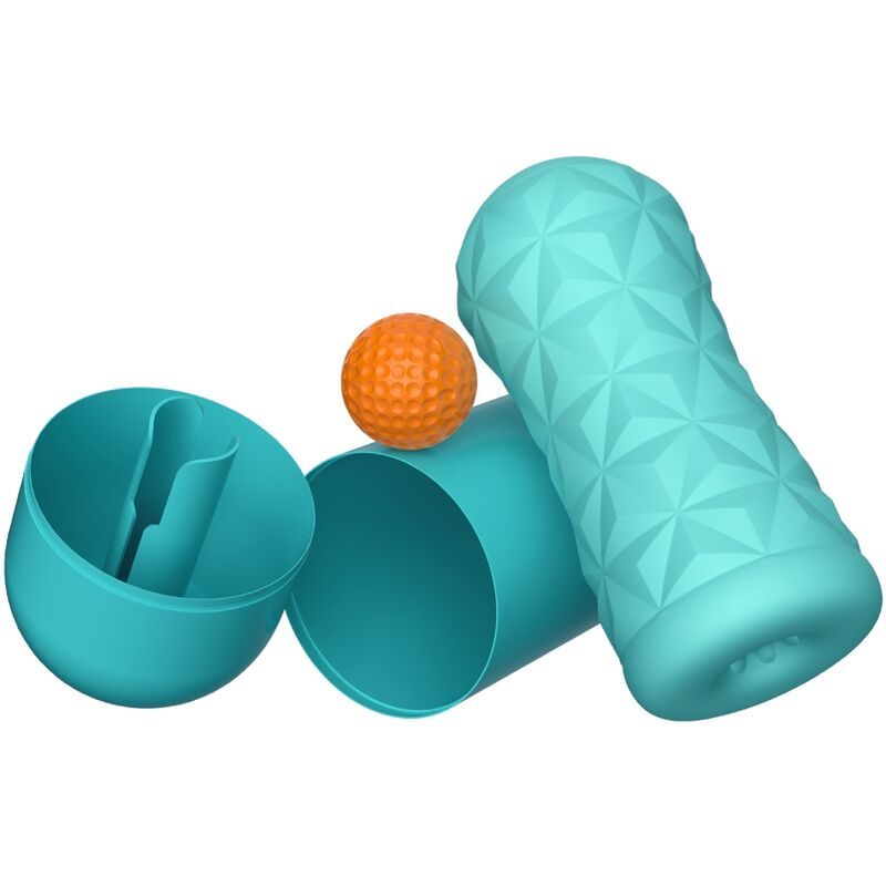 Türkisfarbene Hülle, ein strukturiertes Element, ein orangefarbener Ball. Die Elemente liegen auf weißem Hintergrund.