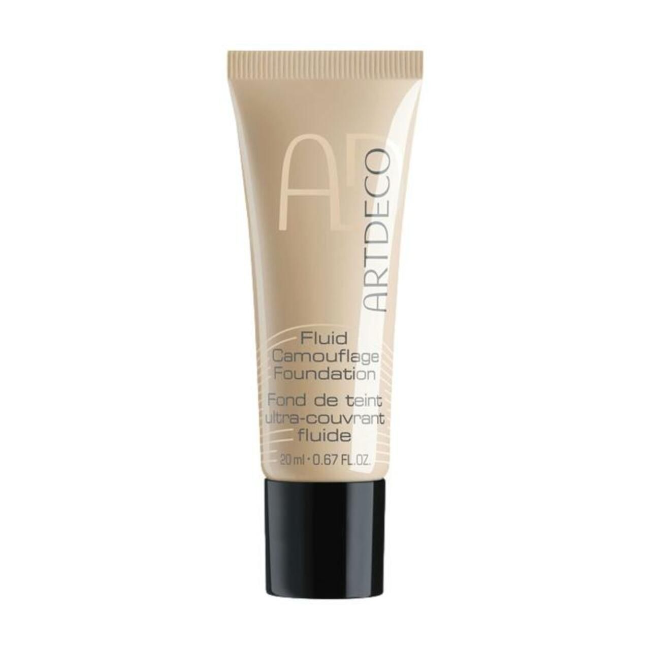 Artdeco Fluid Camouflage Foundation Tube. Beige Tube mit schwarzem Deckel. Produktbezeichnung und Marke sind aufgedruckt.
