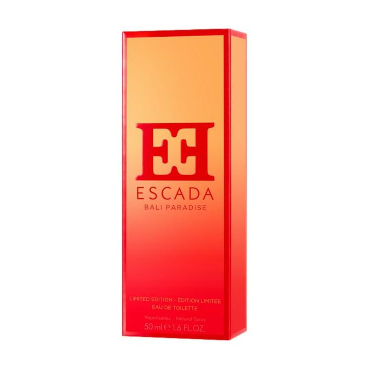Verpackung. Aufschrift: ESCADA BALI PARADISE. Limited Edition. 50 ml. Farbverlauf von orange nach rot.