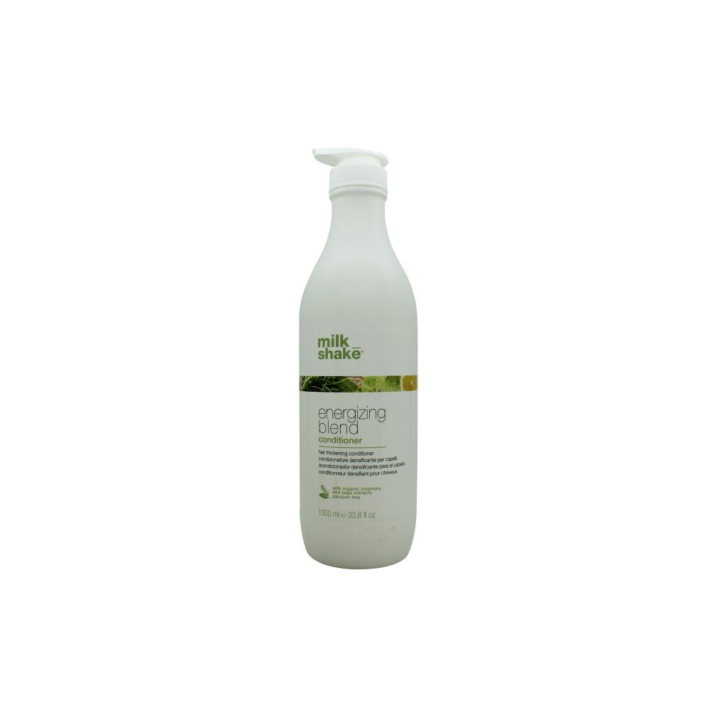 Weiße Flasche mit Pumpverschluss. Aufschrift: Milk_Shake, energizing blend conditioner. Grün-gelbes Etikett.