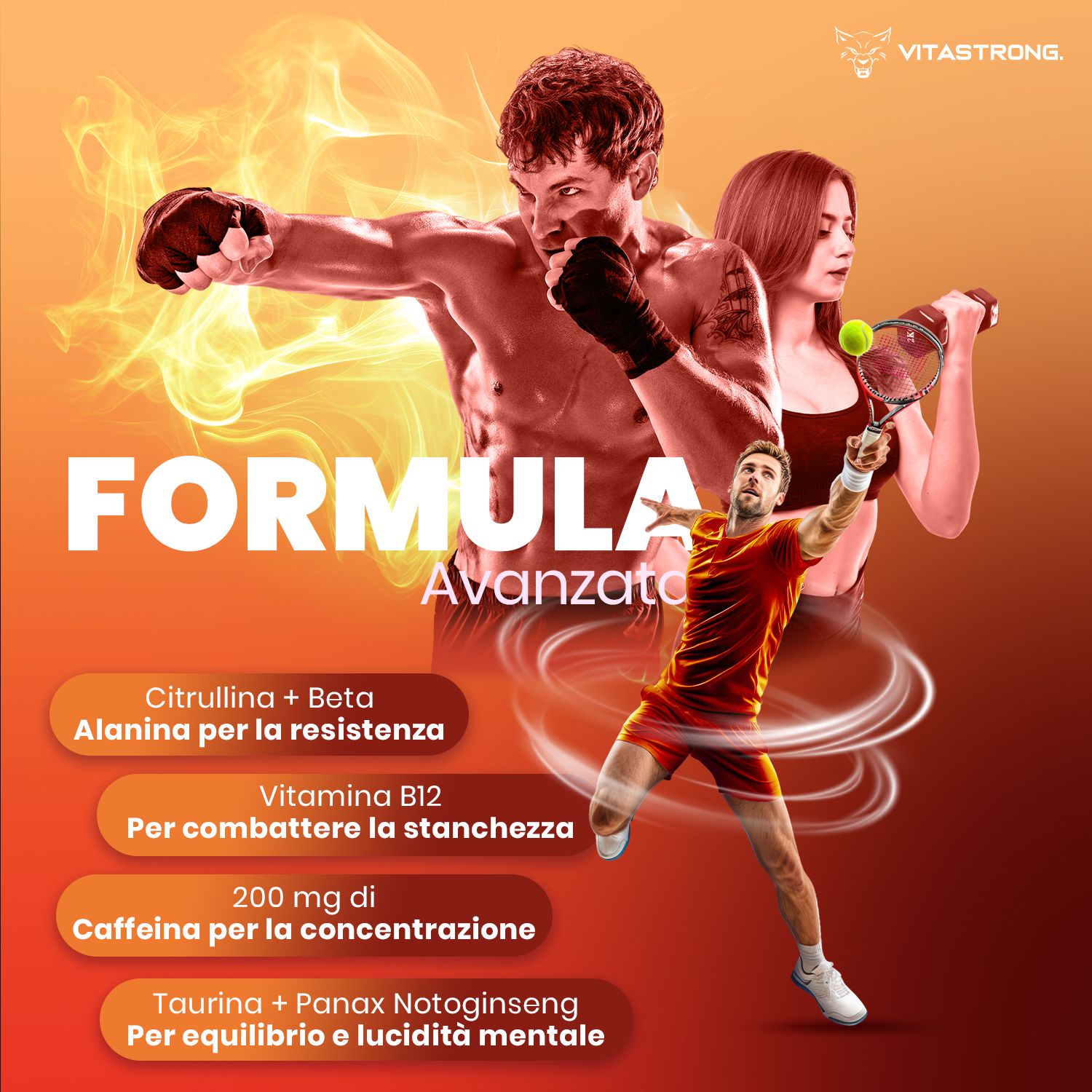 Vitastrong Energy Orange. Abbildung mit Sportlern. Text: Citrullin, Beta Alanin, Vitamin B12, Koffein, Taurin.