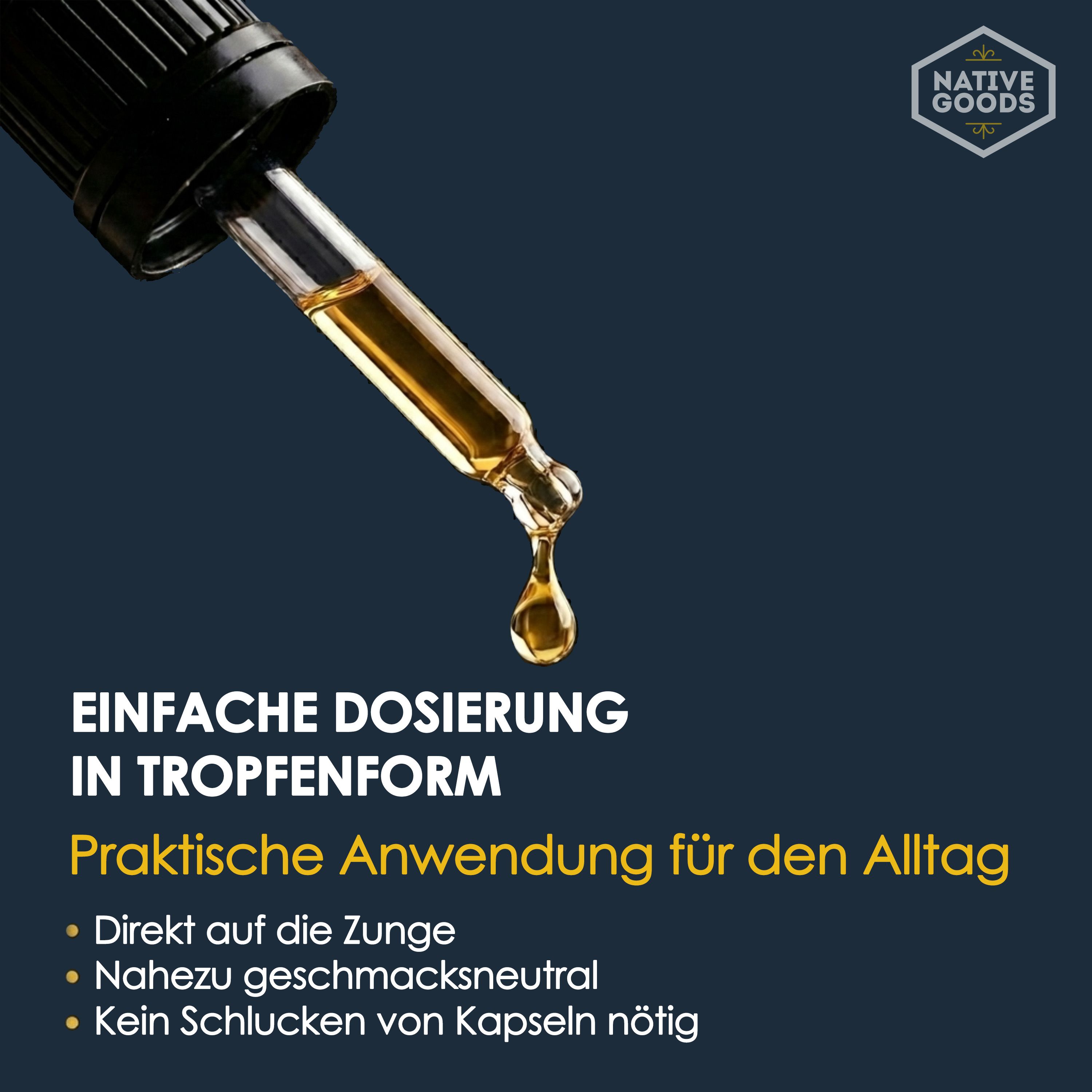 Pipette mit einem Tropfen Vitamin D3+K2 Öl, einfache Dosierung in Tropfenform.