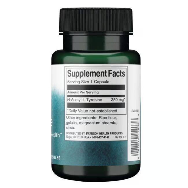 Rückseite der grünen Flasche. Aufschrift: Supplement Facts, N-Acetyl L-Tyrosin, 350 mg. Weitere Inhaltsstoffe.