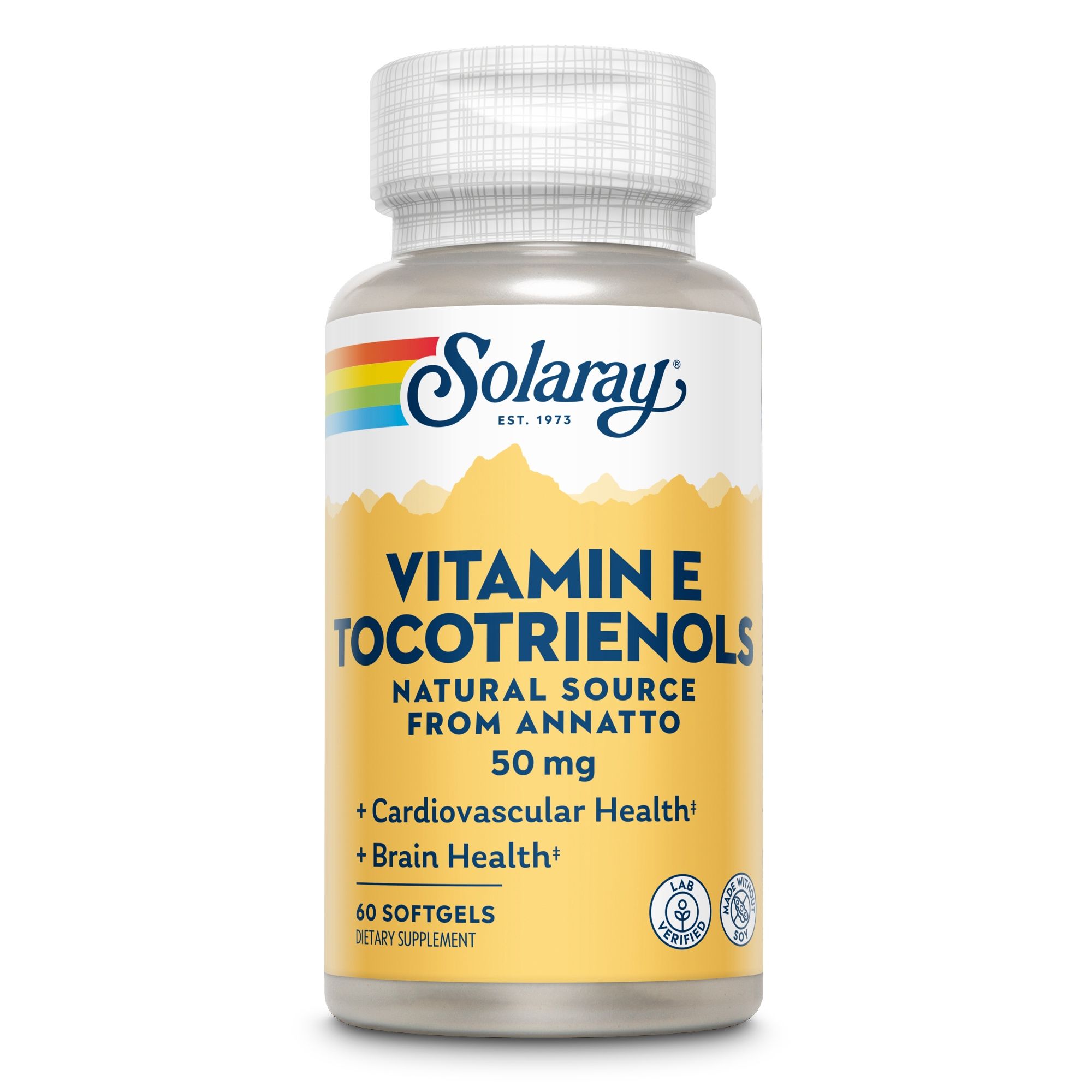 Solaray Tocotrienols 50 mg Flasche. Aufschrift: Vitamin E Tocotrienols, 50 mg, 60 Softgels. Zertifizierungen.