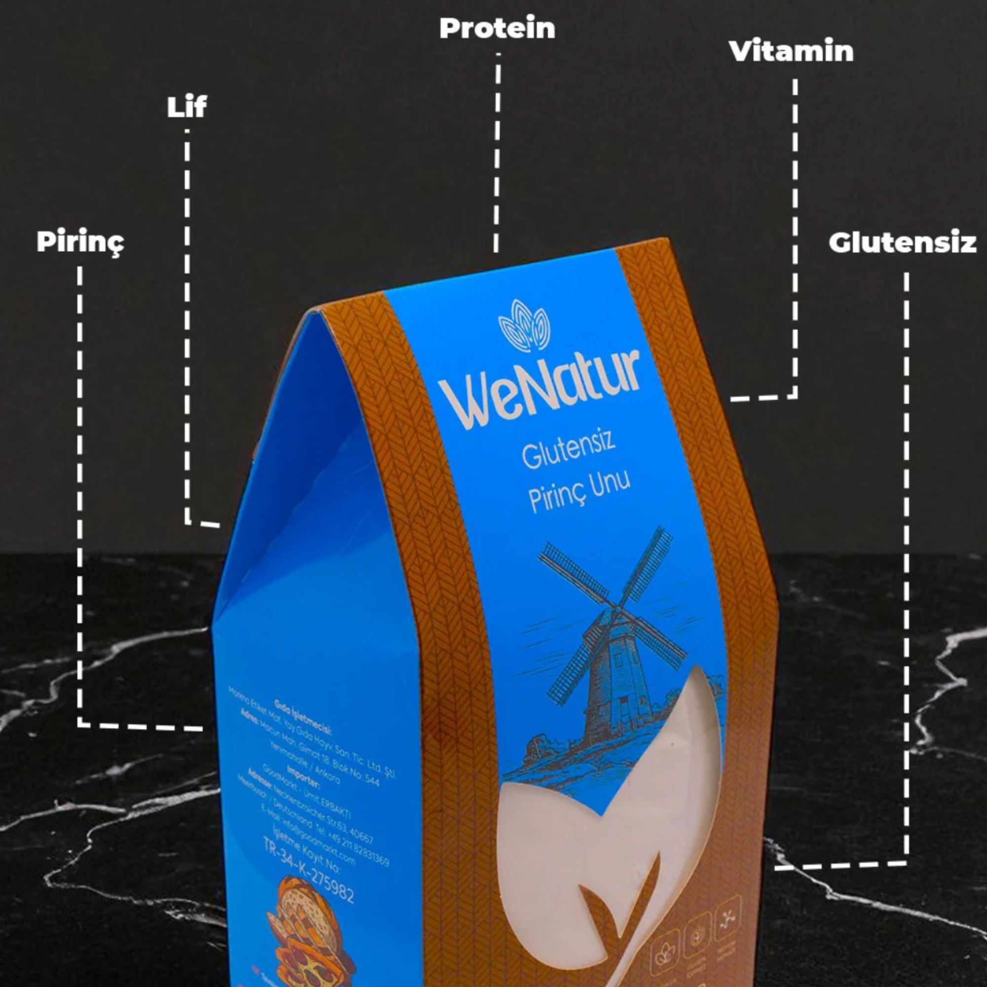 WeNatur glutenfreies Reismehl mit Hervorhebungen für Reis, Ballaststoffe, Protein und Vitamine.