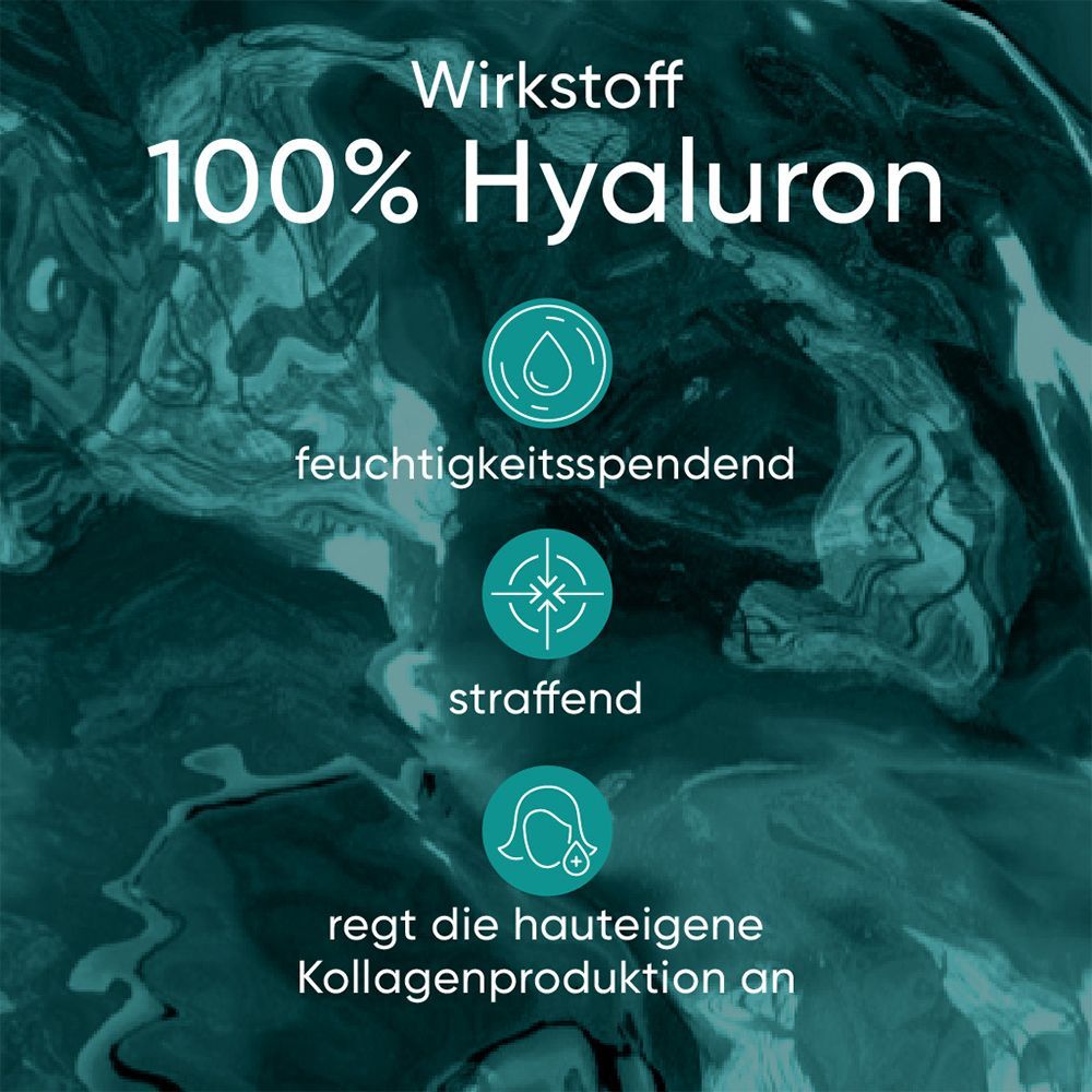 Grafik mit Text: Wirkstoff 100% Hyaluron. Icons: feuchtigkeitsspendend, straffend, regt die hauteigene Kollagenproduktion an.