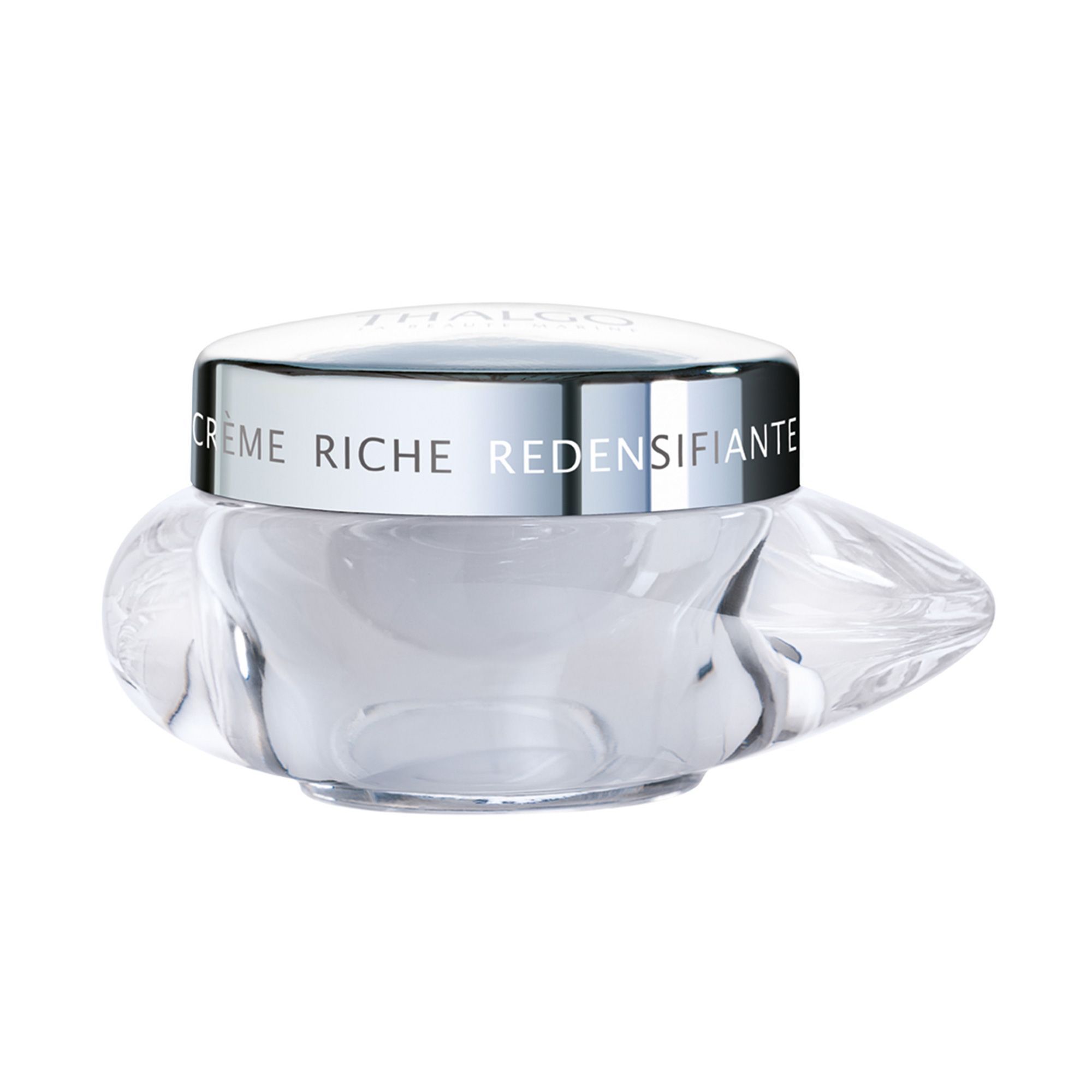 Glasbehälter mit silbernem Deckel. Aufschrift: CREME RICHE REDENSIFIANTE. Produktname: THALGO.
