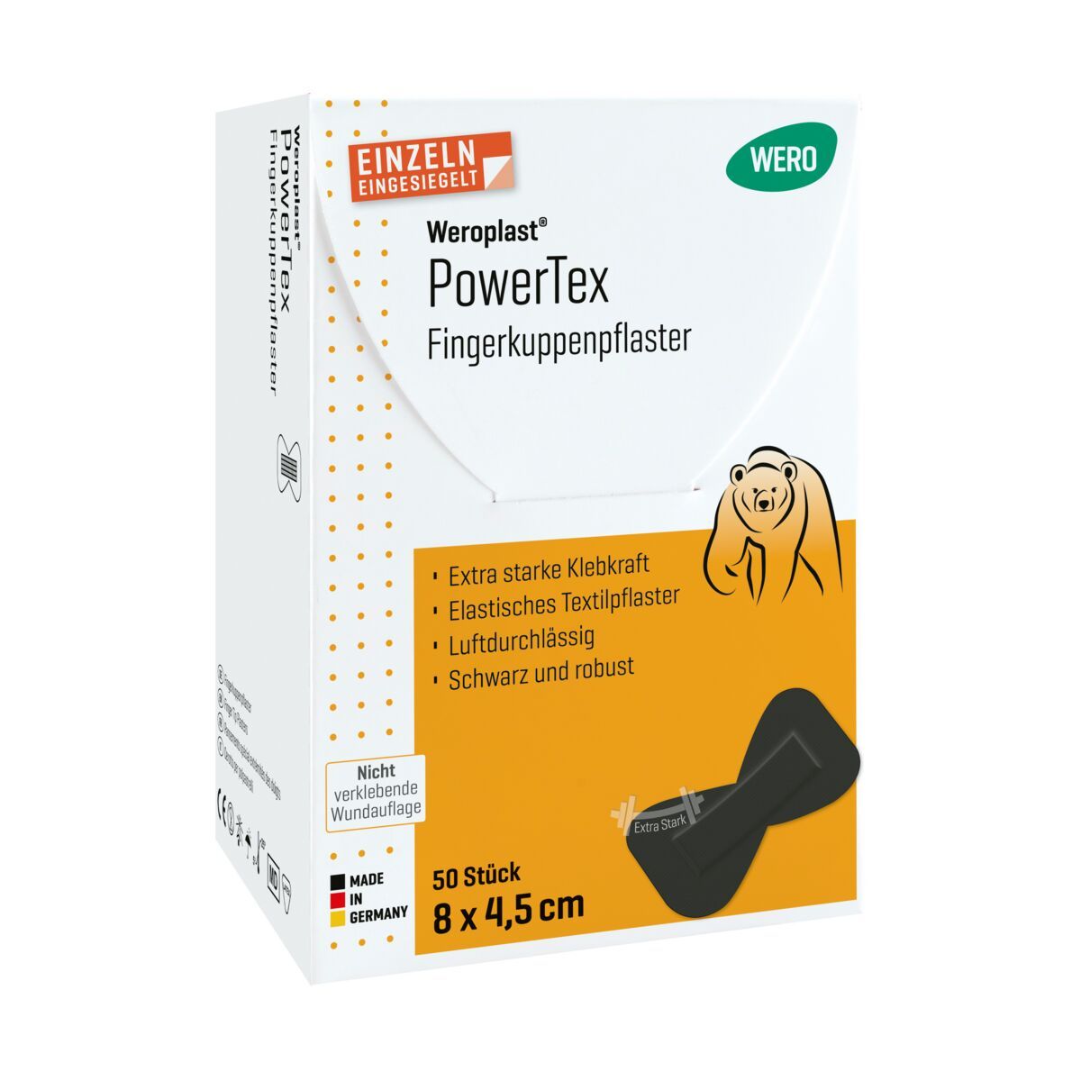 WERO PowerTex Fingerkuppenpflaster Packung, Made in Germany, 50 Stück, 8x4,5 cm.