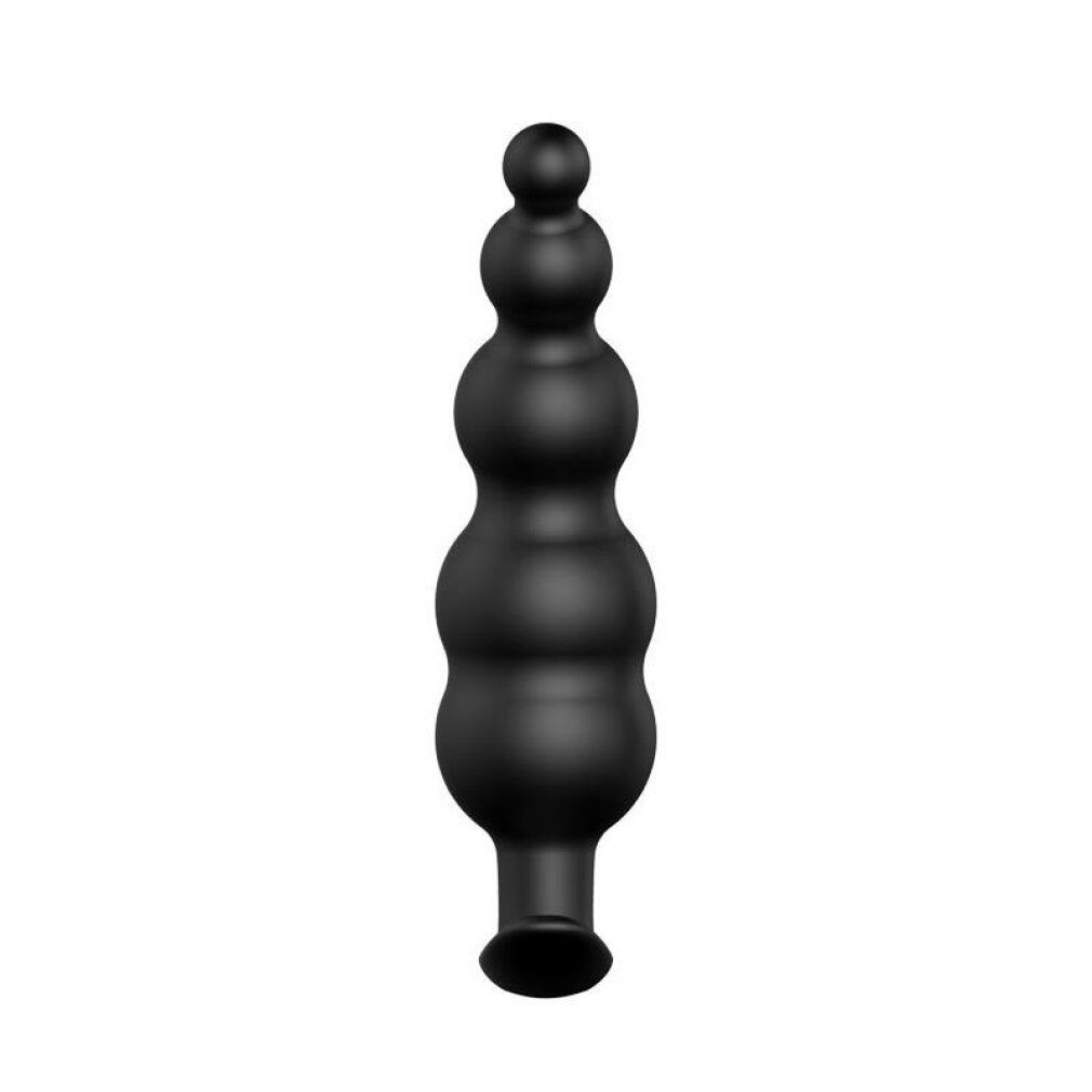 Schwarzer Analplug mit gerundeter Form. Besteht aus mehreren, unterschiedlich großen Kugeln. Basis mit kleinem Schaft.