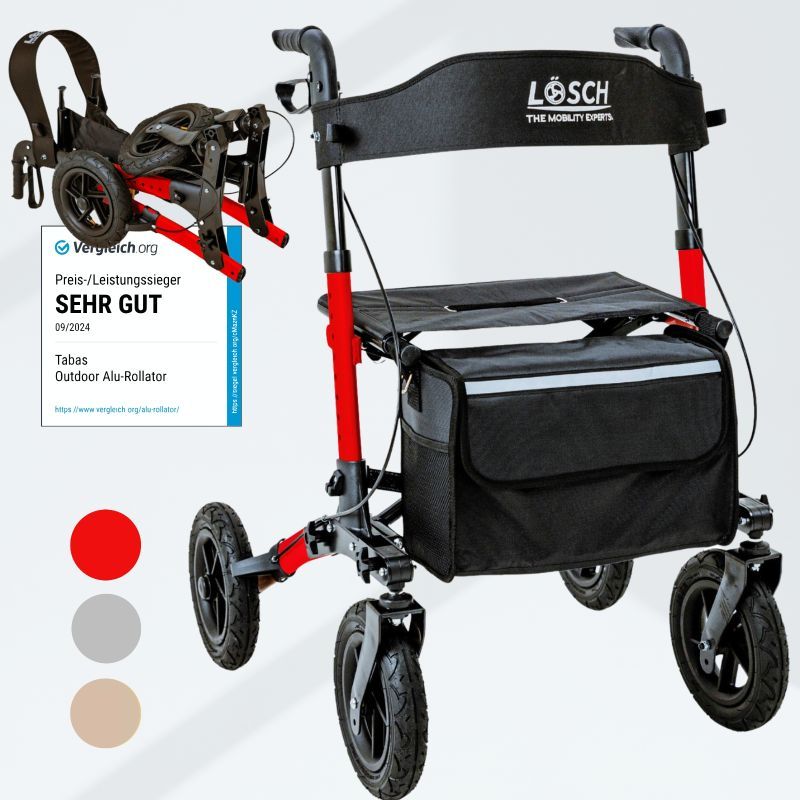 Rollator mit rotem Rahmen, schwarze Räder. Schwarze Tasche. Vergleich. Text: Sehr gut. Farben: Rot, Grau, Beige.