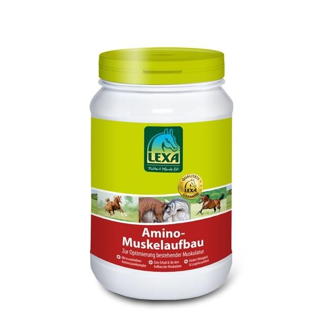 Weißes Gefäß mit grünem Deckel und Etikett. Etikett mit Logo, Text und Pferdeabbildungen. Aufschrift: Amino-Muskelaufbau.
