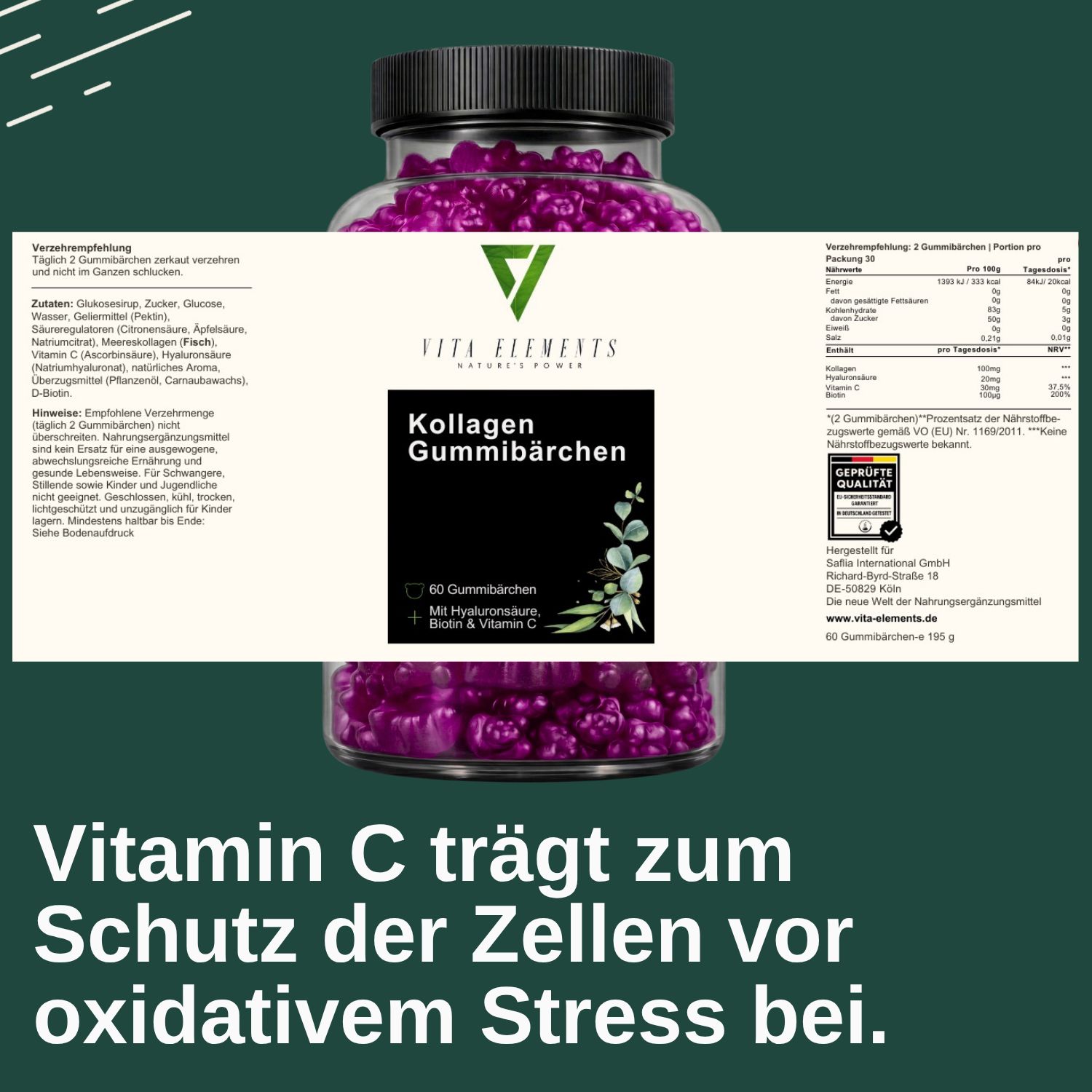 Nahaufnahme des Etiketts auf einem Glas Vita Elements Kollagen Gummibärchen mit Nährwertangaben und Zertifizierungen.