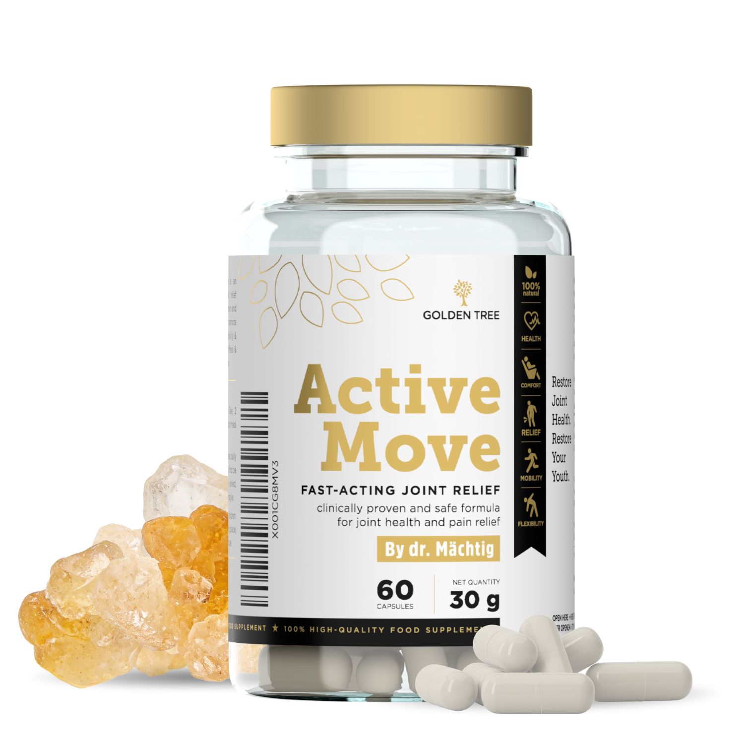 Flasche mit Golden Tree Active Move Kapseln, 60 Stück, 30g.