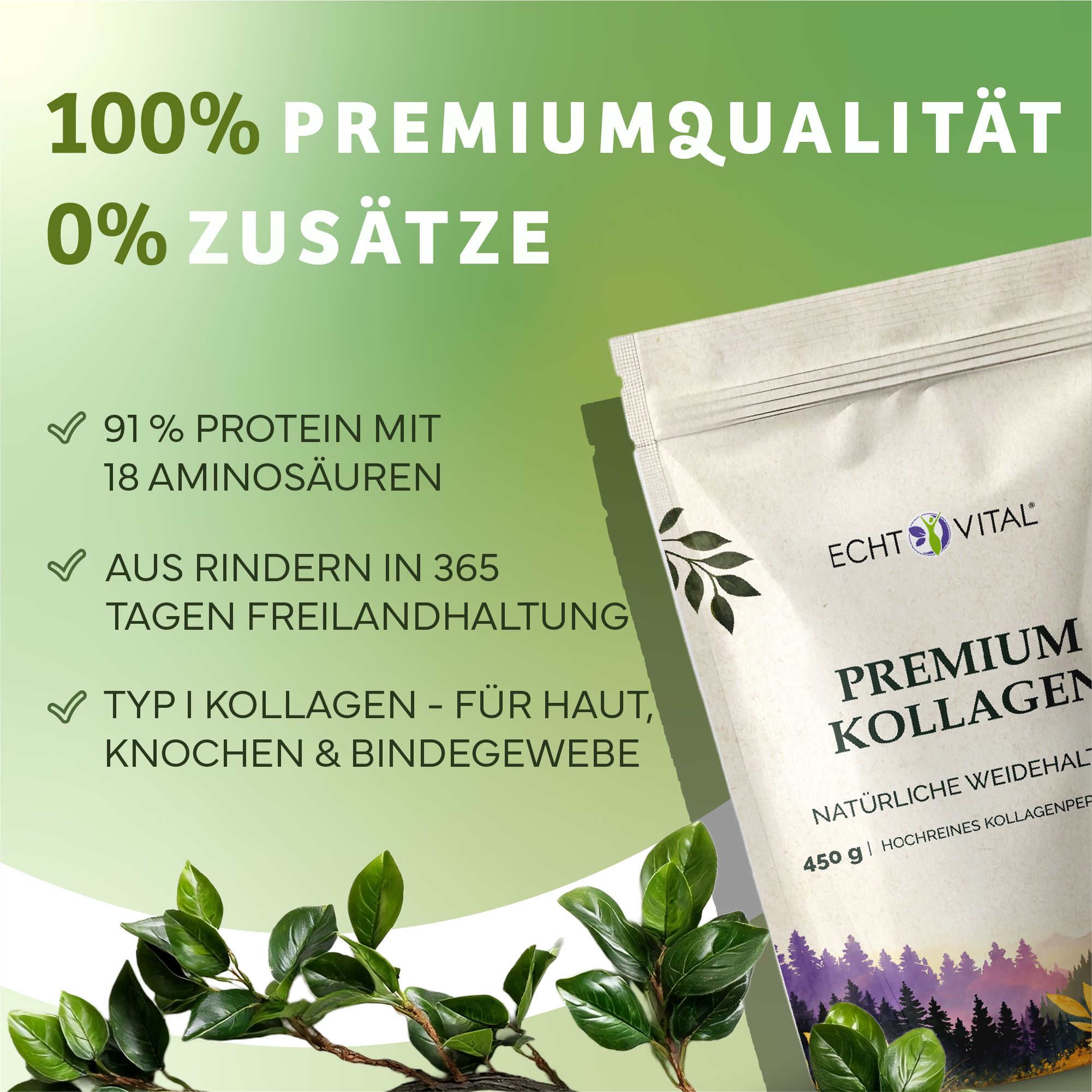 Beutel mit Premium Kollagen. Text: 100% Premiumqualität, 0% Zusätze. 91% Protein mit 18 Aminosäuren. Aus Rindern in 365 Tagen Freilandhaltung. Typ I Kollagen.