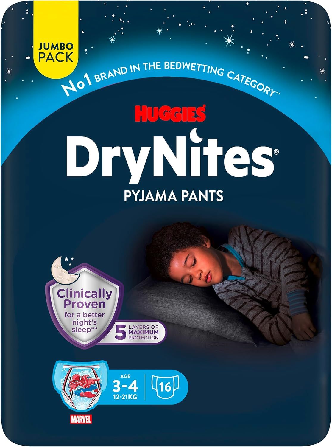 Huggies DryNites Pyjama Pants, Jumbo Pack. Alter 3-4 Jahre, 16 Stück. Mit Marvel-Motiv und schlafendem Kind.