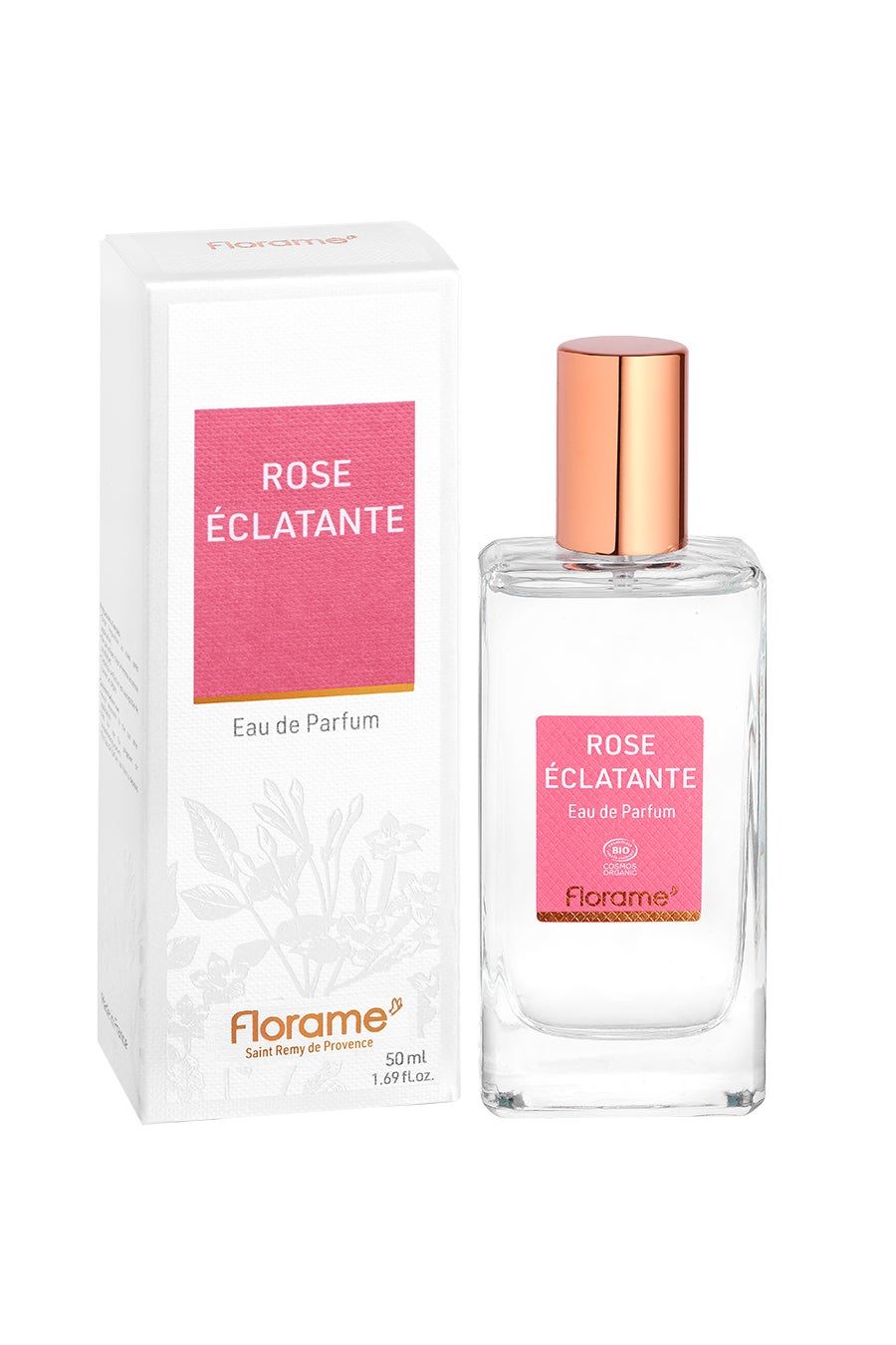 Parfümflakon und -verpackung. Rosa Etikett mit Text: ROSE ÉCLATANTE Eau de Parfum. Marke Florame. Goldfarbener Verschluss.