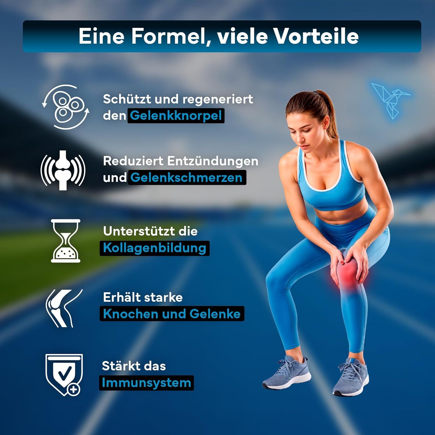 Frau in Sportkleidung kniet auf einer Laufbahn. Links sind Vorteile von SEVENS NUTRITION Glucosamin Komplex aufgeführt.