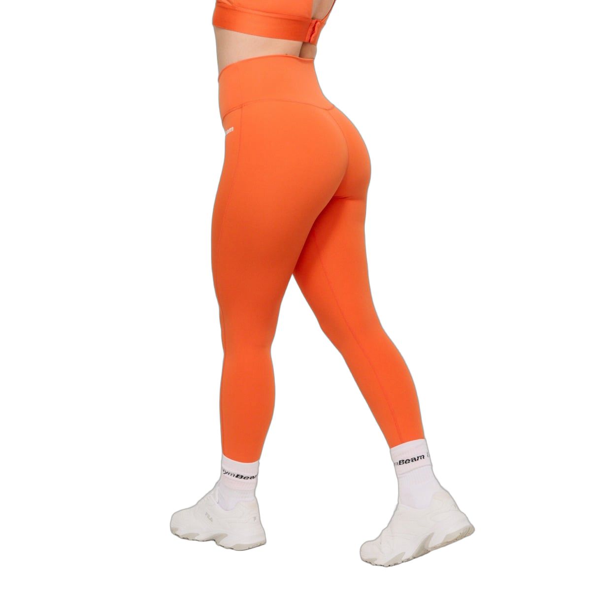 Orange, knöchellange Damen-Leggings mit hohem Bund und ohne vordere Naht.